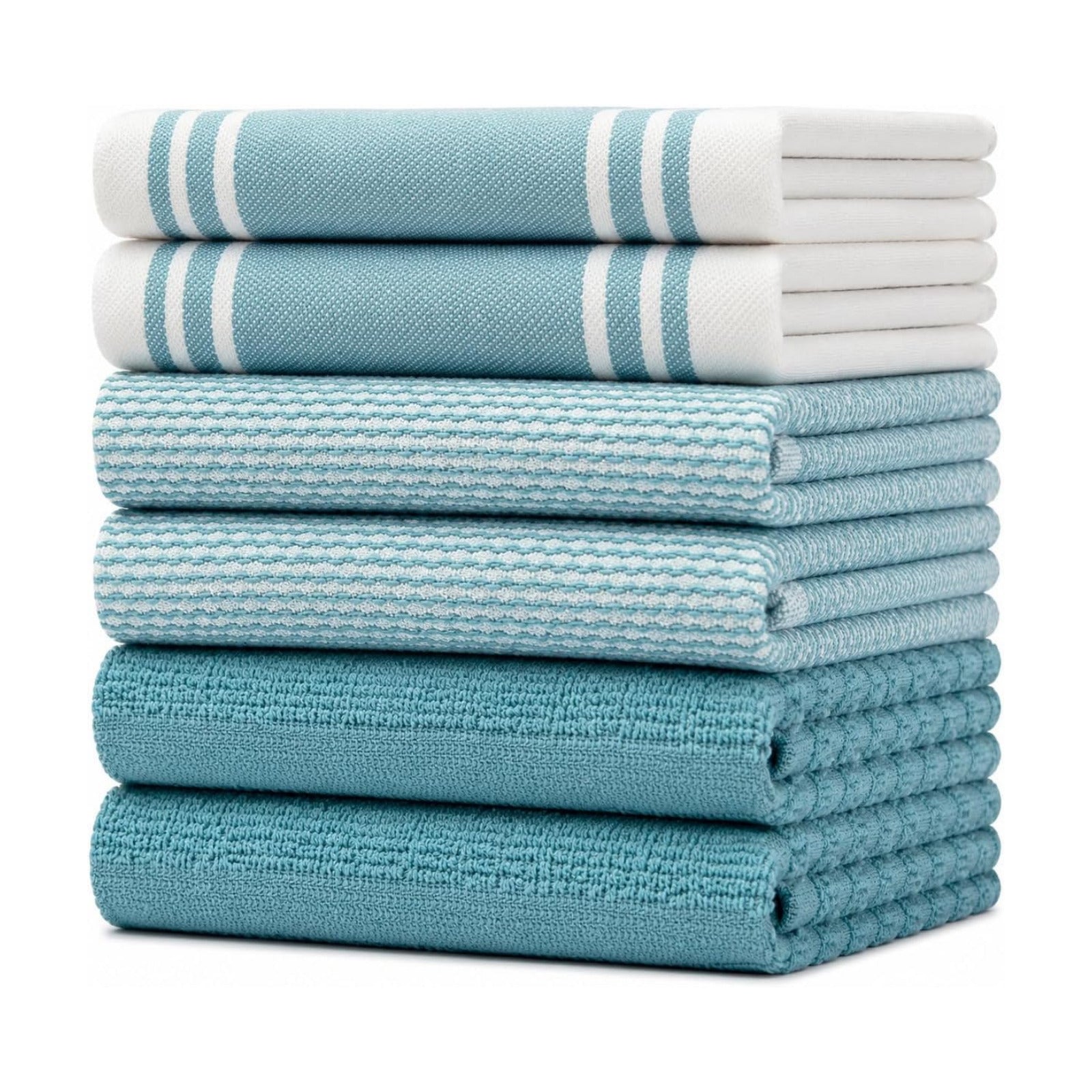 Premium Kitchen Towels 6 Pack 100% Cotton 20"x28" Dish Towels - Aqua Wide | Large Flat & Terry Kitchen Linen Set with