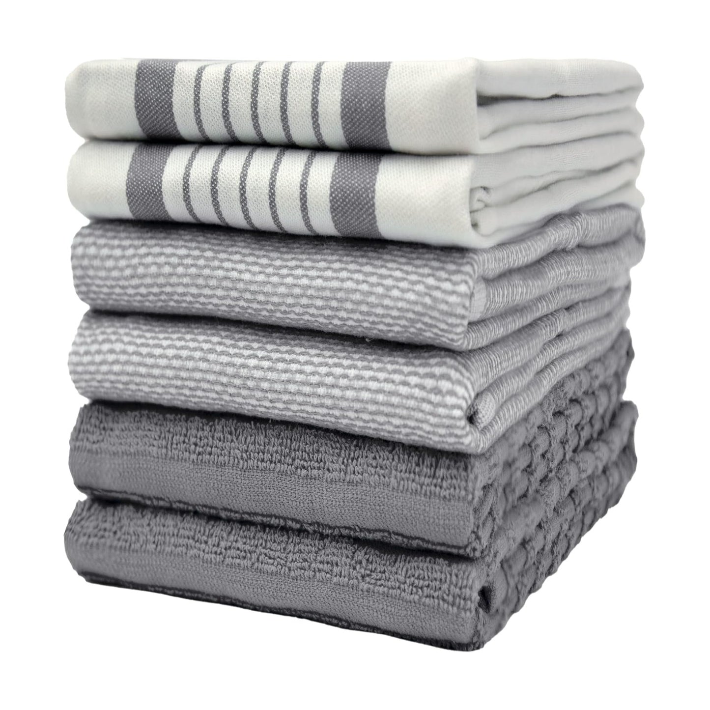 Premium Kitchen Towels 6 Pack 100% Cotton 20"x28" Dish Towels Grey Striped | Large Flat & Terry Kitchen Linen Set with