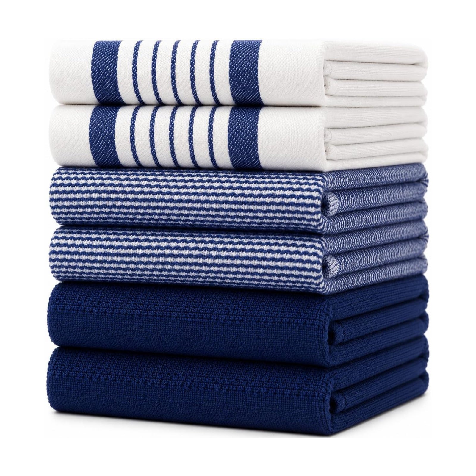Premium Kitchen Towels 6 Pack 100% Cotton 20"x28" Dish Towels Navy Striped | Large Flat & Terry Kitchen Linen Set with