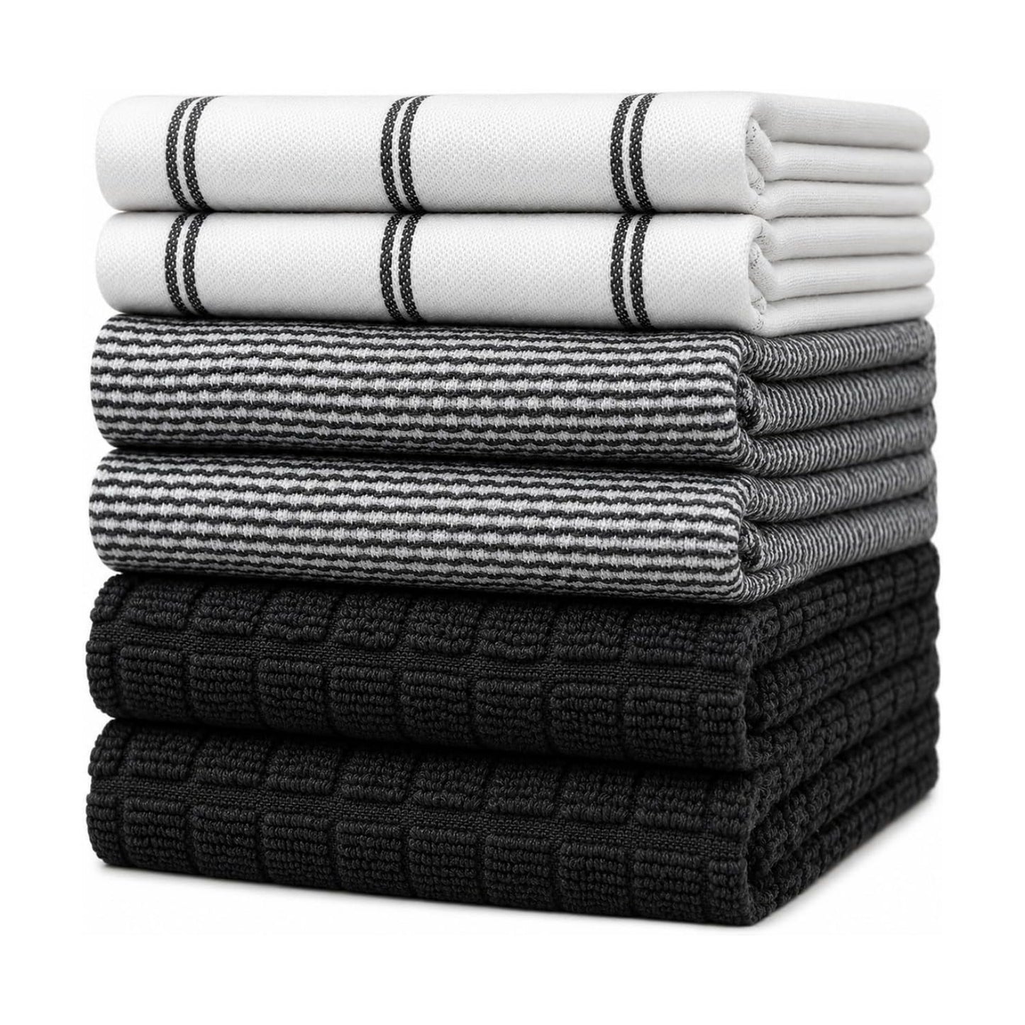 Premium Kitchen Towels 6 Pack 100% Cotton 20"x28" Dish Towels Black Check | Large Flat & Terry Kitchen Linen Set with