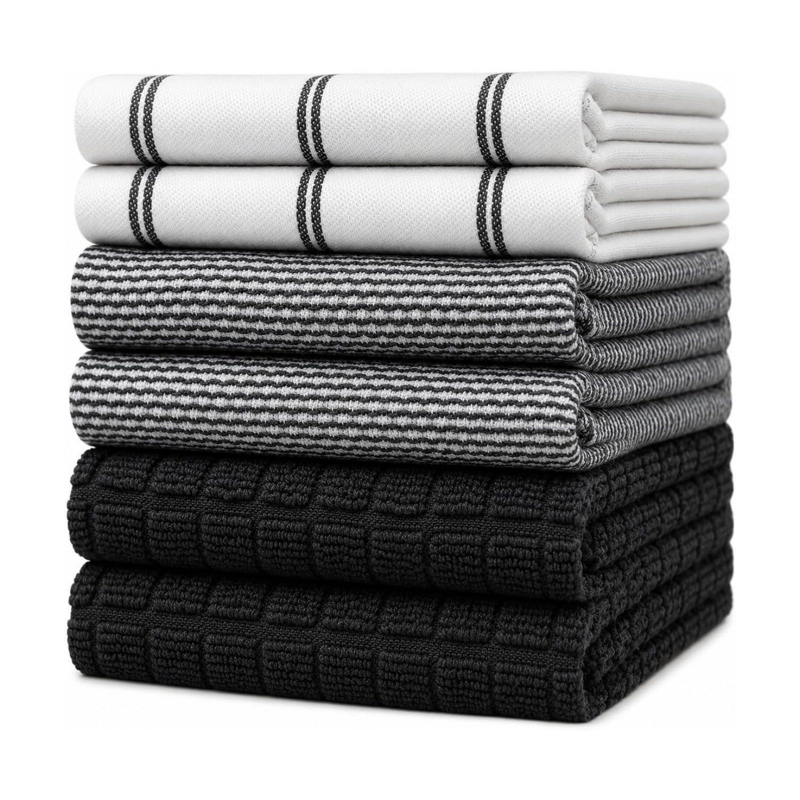 Premium Kitchen Towels 6 Pack 100% Cotton 20"x28" Dish Towels Black Check | Large Flat & Terry Kitchen Linen Set with