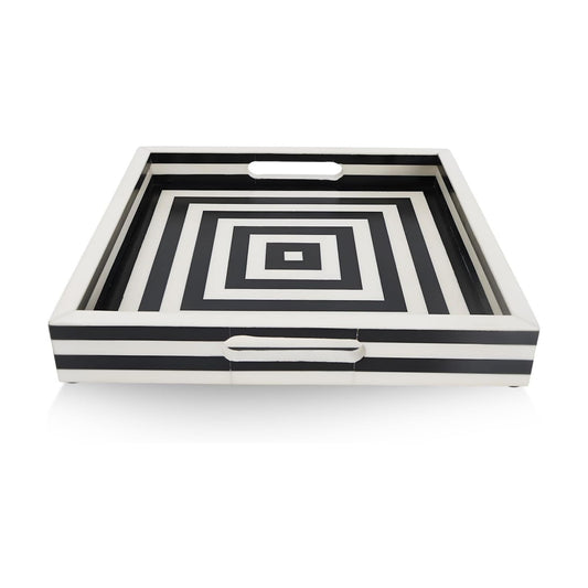 Decorative Tray / Black and White Resin Inlay Concentric / 12 x 12 x 1.7 / Black & White