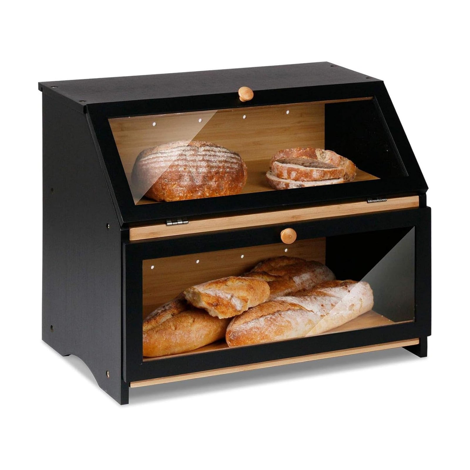 HOMEKOKO Double Layer Wooden Bread Box, Keep Bread Fresh Longer, Black | Keeps Bread Fresh 3-4 Days, Large Capacity