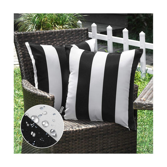 Decorative Outdoor Waterproof Striped Throw Pillow Covers / Black and White / 18 x 18 / Set of 2
