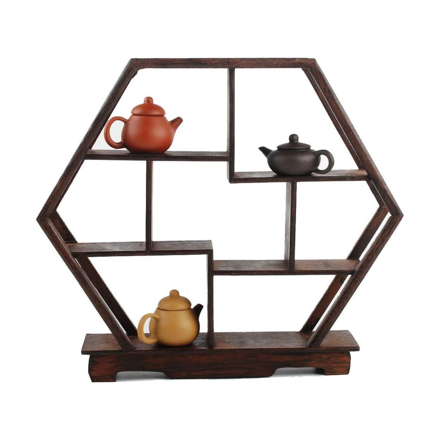 Chinese Wooden Rosewood 11" Curio Cabinets Shelf+ Mini Redware 2.5" Teacup / Hexagon / Set of 3