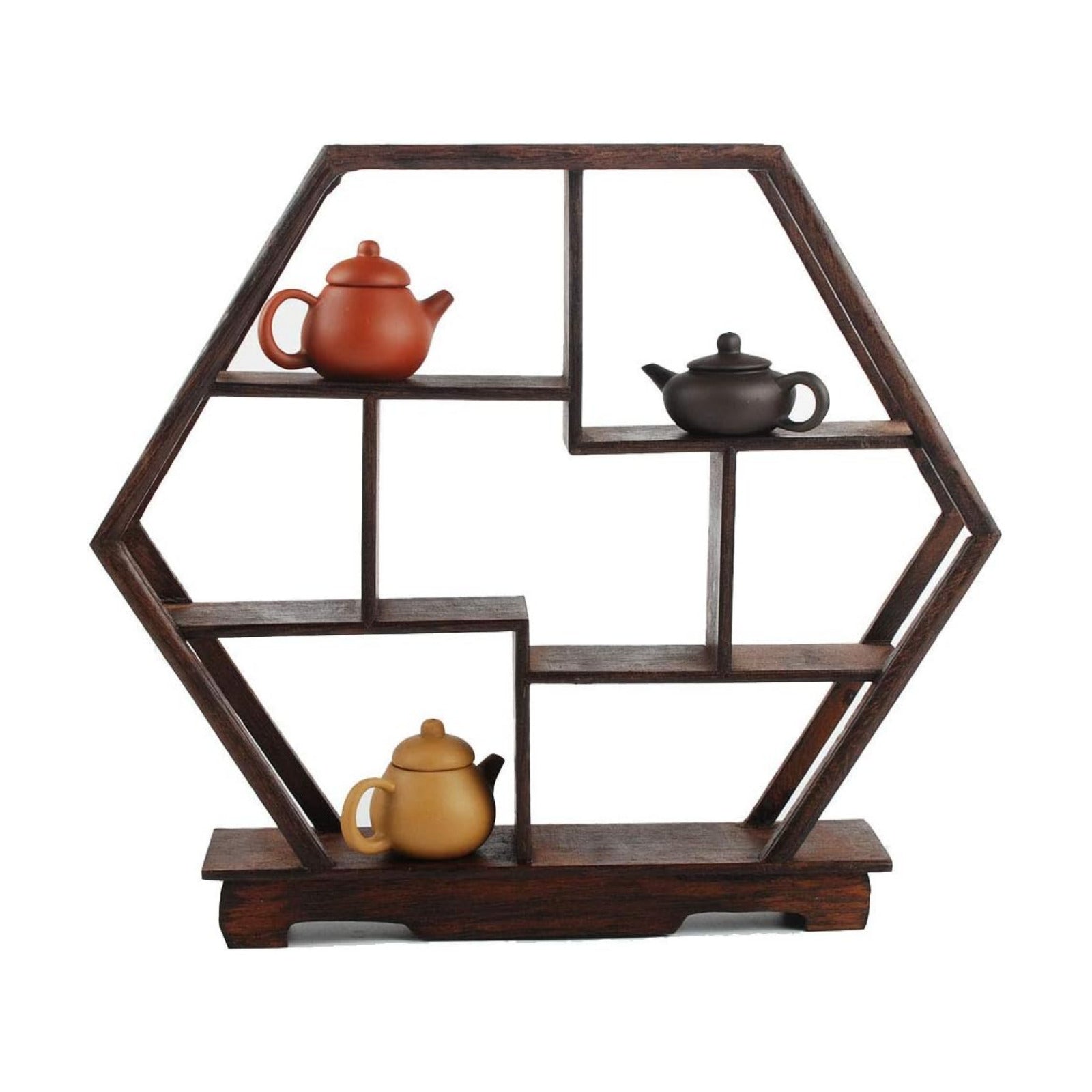 Chinese Wooden Rosewood 11" Curio Cabinets Shelf+ Mini Redware 2.5" Teacup / Hexagon / Set of 3