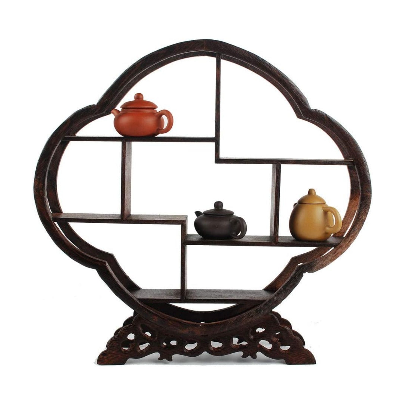 Chinese Wooden Rosewood 11" Curio Cabinets Shelf+ Mini Redware 2.5" Teacup / Begonia / Set of 3