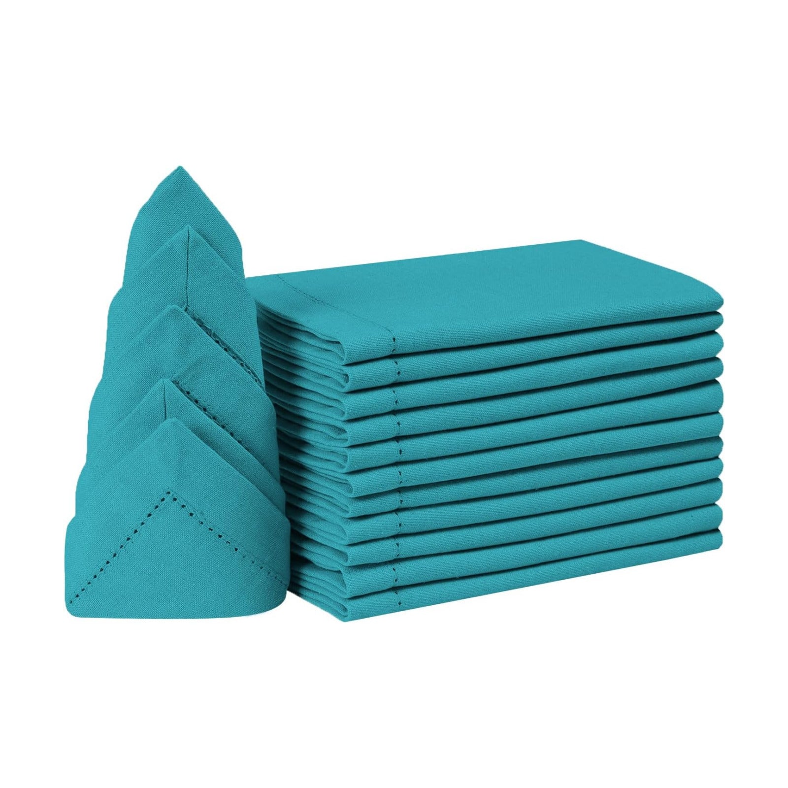 Bedding Craft Cotton Cloth Dinner Napkins Set of 12 – 18x18 Teal Hemstitched with Decorative Selvedge Holes & Mitered