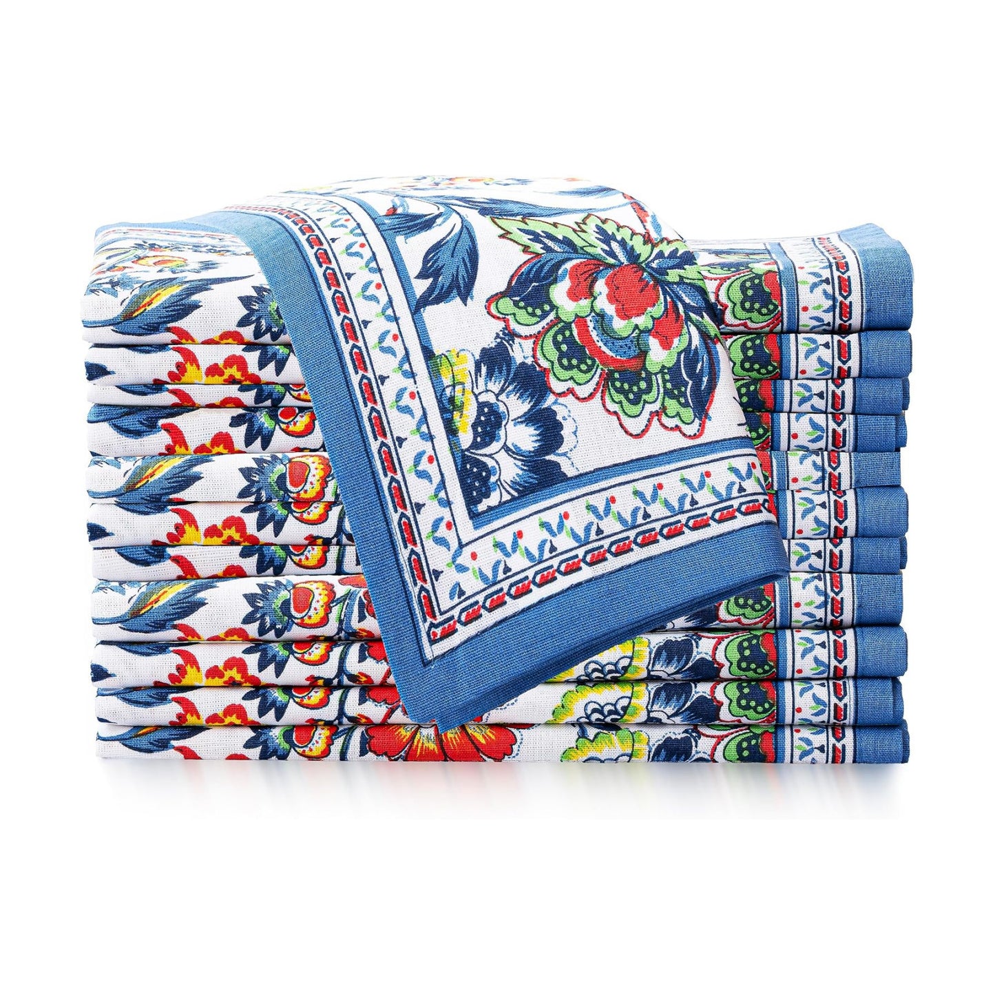 FINGERCRAFT Cloth Napkins Set of 12 Cotton Linen, 20x20 Inch, Blue Floral | Mitered corner, washable, soft, absorbent