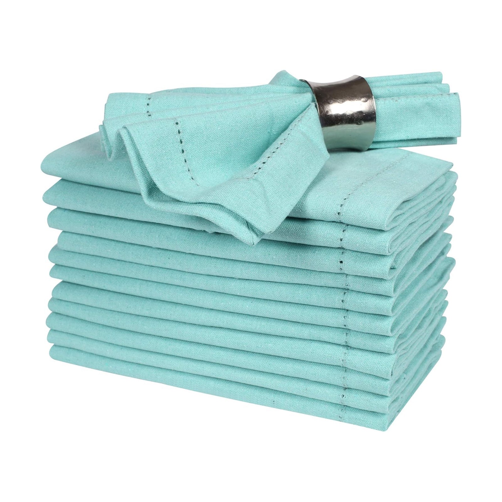 Bedding Craft Cotton Cloth Dinner Napkins Set of 12 – 18x18 Aqua with Hemstitched Mitered Corners – Reusable Machine