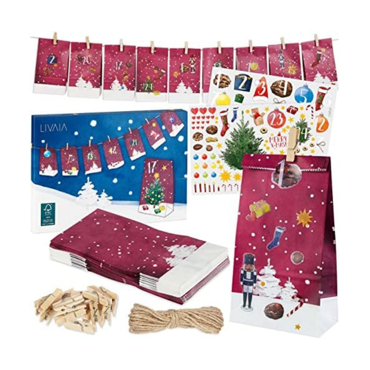DIY Advent Calendar: Beautiful Craft Advent Calendar 2022 with 24 Paper Treat Bags and Sticker Paper with Numbers – Empty Adult Advent Calendar to Fill Yourself – Christmas Advent Calendar LIVAIA