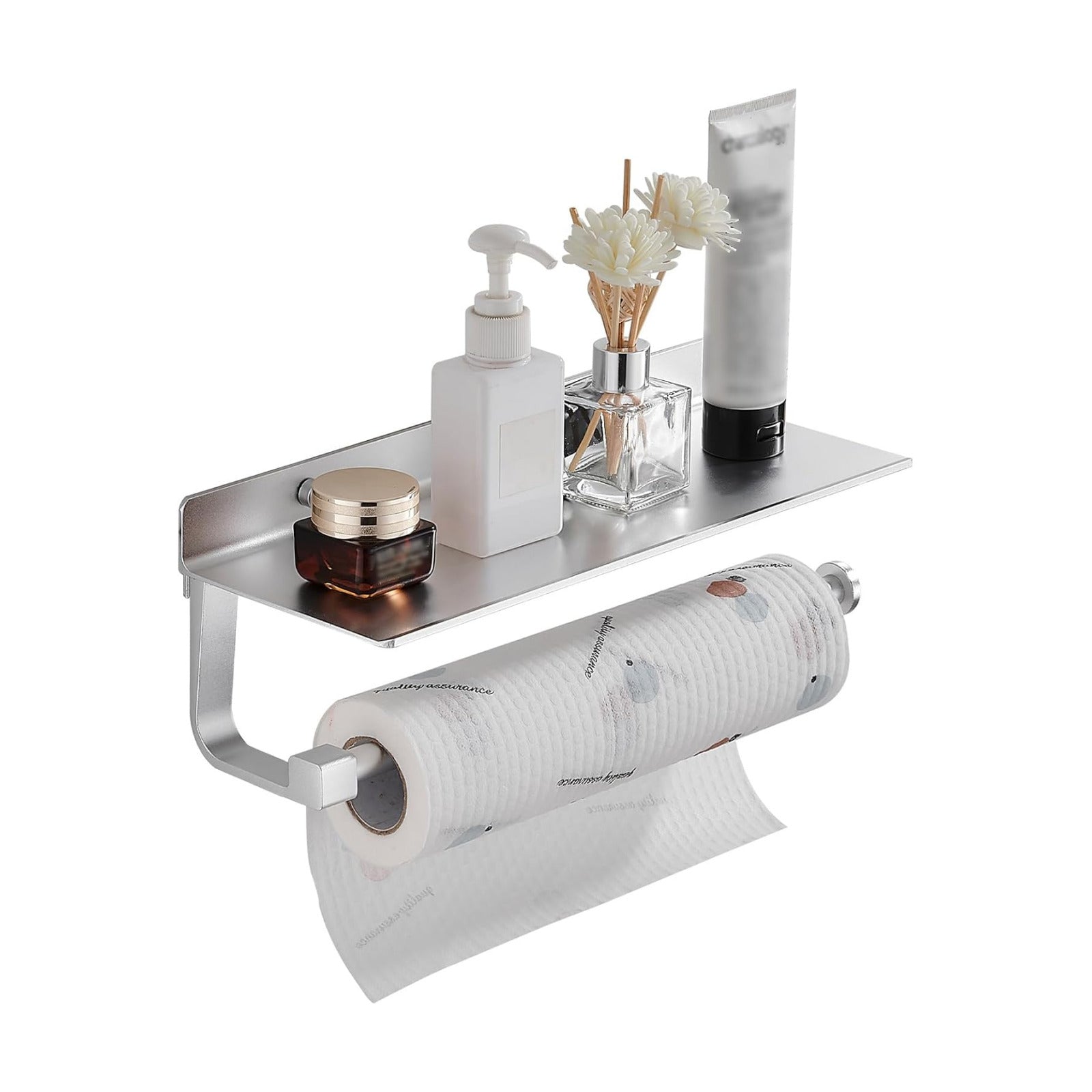 Wall Mount Paper Towel Holder with Shelf for Bathroom/Kitchen, Adhesive Hand Towel Holder, Matte Silver