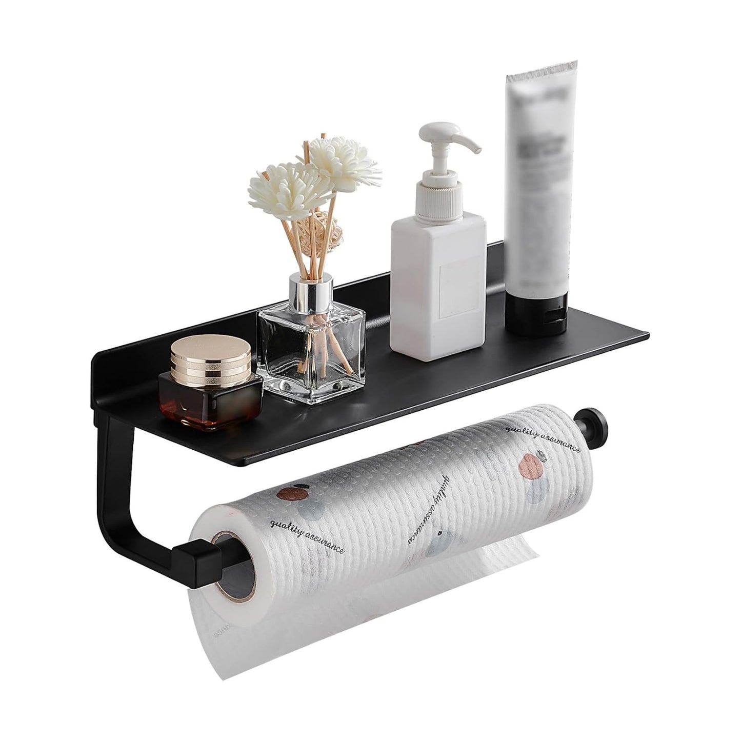 Wall Mount Paper Towel Holder with Shelf for Bathroom/Kitchen, Adhesive Hand Towel Holder, Matte Black