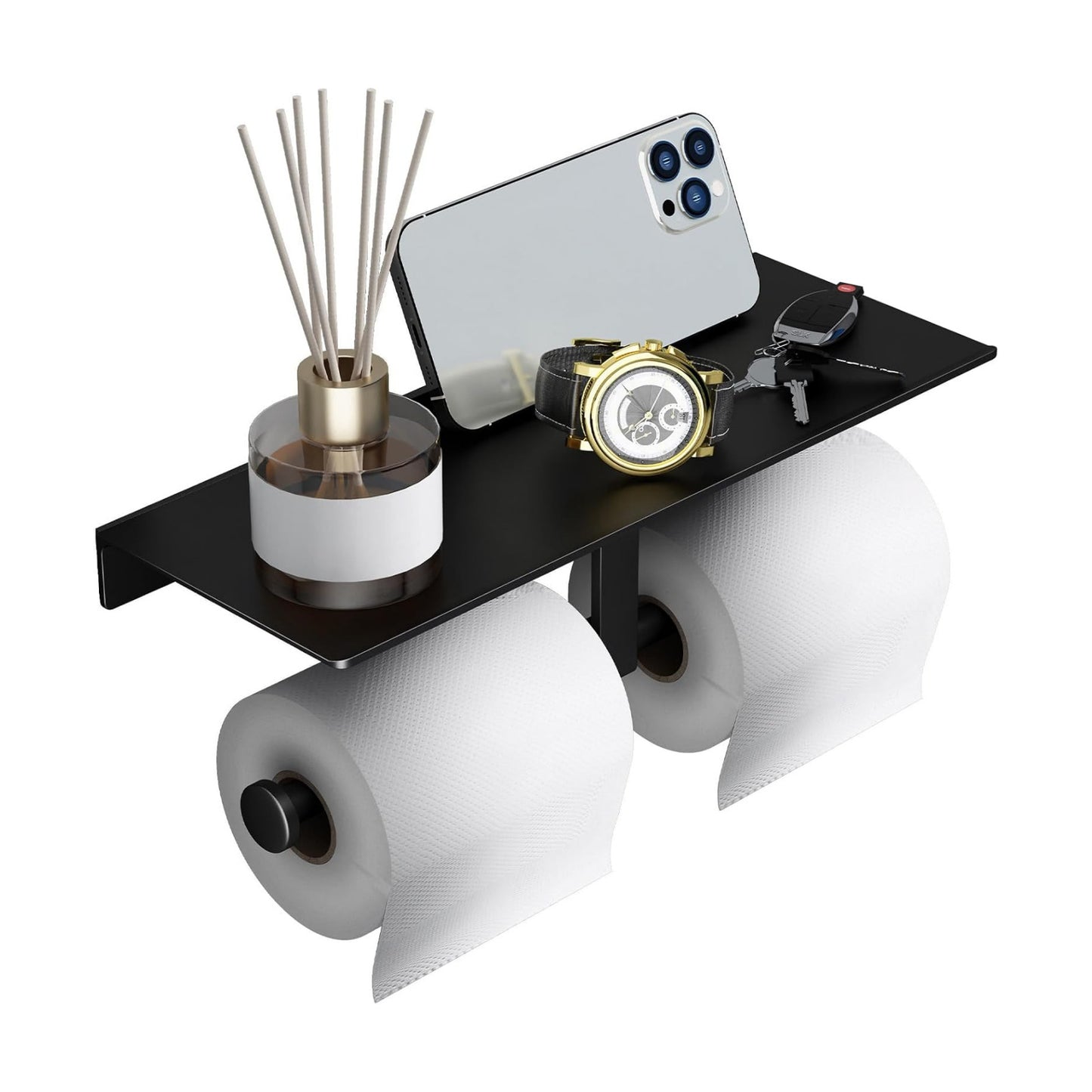 Matte Black Toilet Paper Holder with Shelf, Wall-Mounted Bathroom Organizer, Double Roll