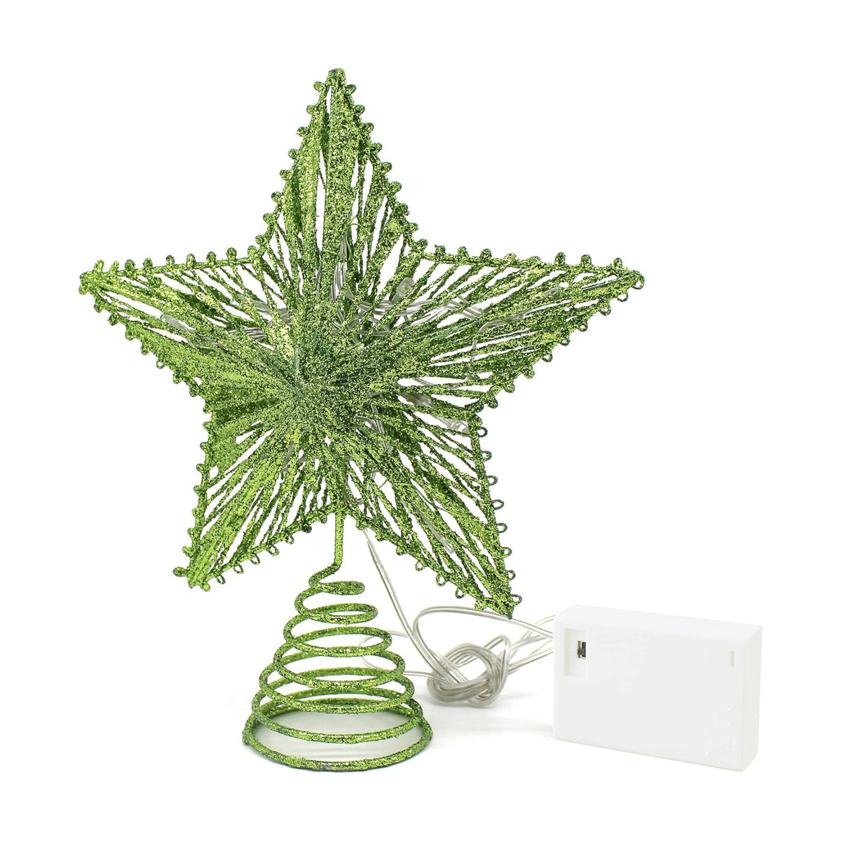 CVHOMEDECO. Green Glittered 3D Tree Top Star with Warm White LED Lights and Timer for Christmas Tree Decoration and Holiday Seasonal Décor, 8 x 10 Inch