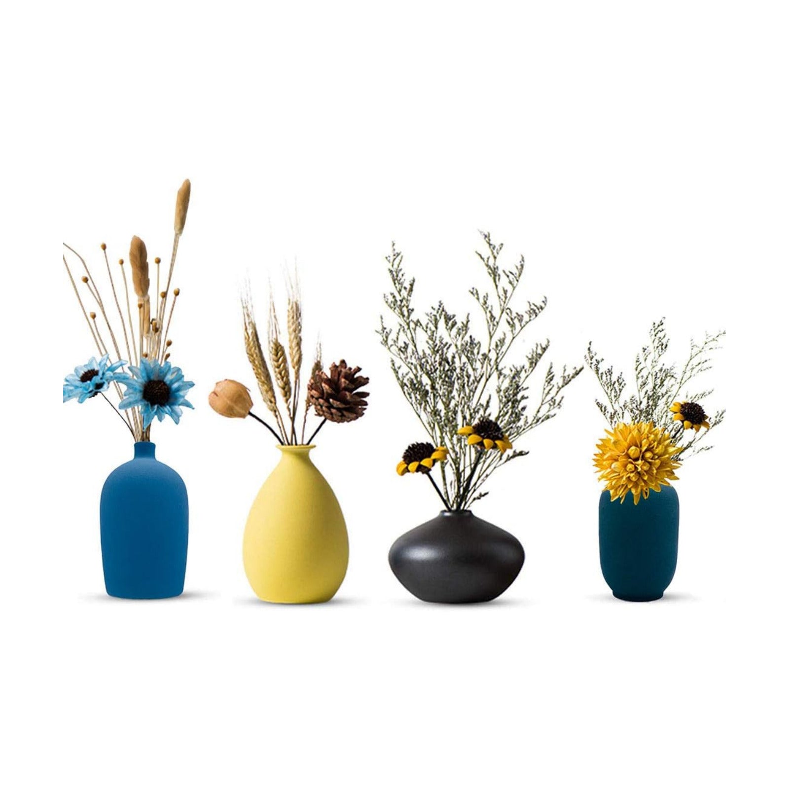 Small Ceramic Flower Vases / Dark Green-yellow-blue-black / Set of 4