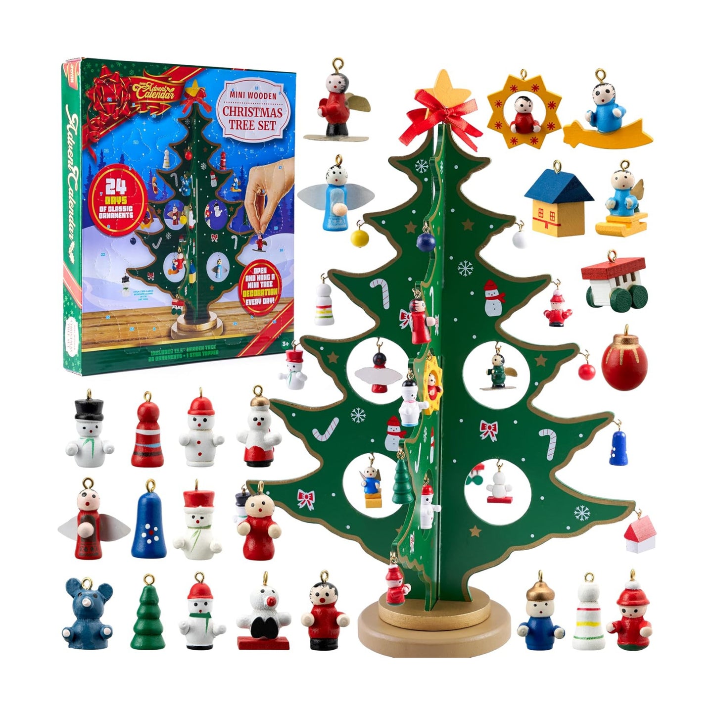 JOYIN Christmas 24 Days Countdown Advent Calendar with a Tabletop Wooden Christmas Tree and 28 Ornaments Snowman Santa