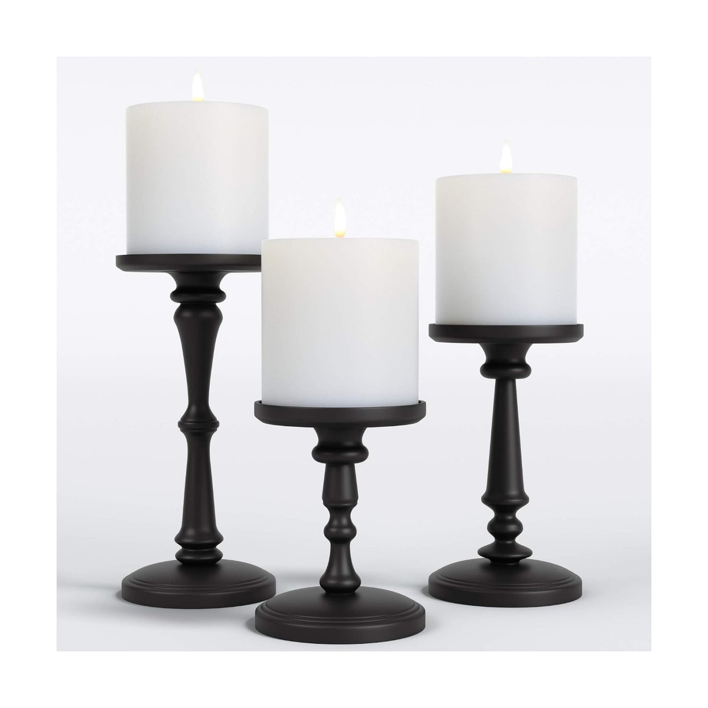 Candle Holders Set of 3 Matte Black, 6, 8,10" Tall Metal for Pillar Candles | Pure Metal Build, Set of 3, Holds Candles