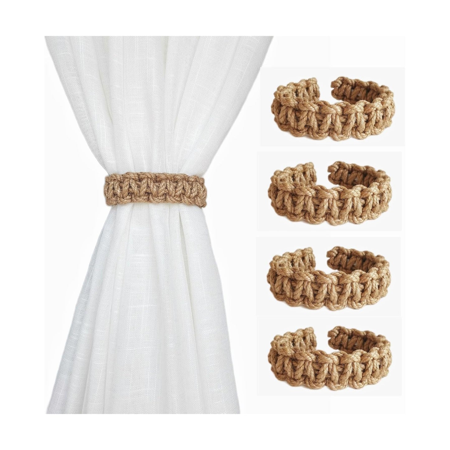 Braided Outdoor Curtain Tiebacks for Drapes, Rustic Curtain holdbacks 4 Pack, Handmade Decorative Curtain Ties for