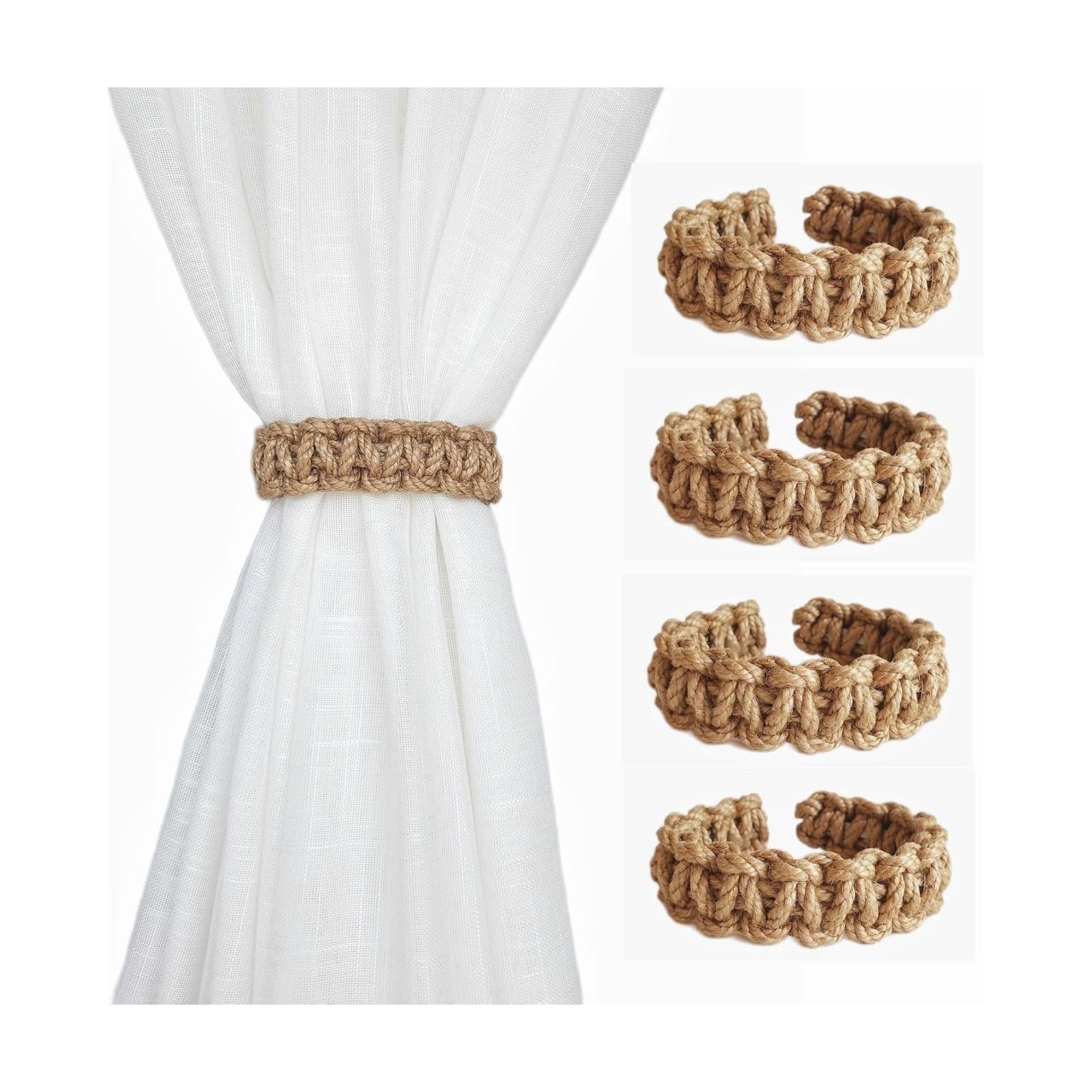 Braided Outdoor Curtain Tiebacks for Drapes, Rustic Curtain holdbacks 4 Pack, Handmade Decorative Curtain Ties for