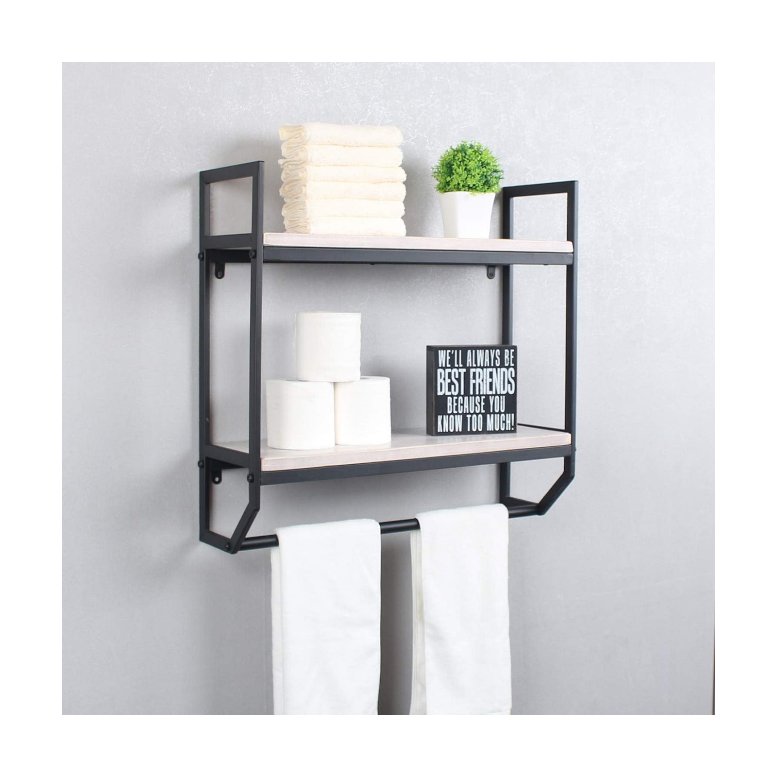 2-Tier Metal Industrial 23.6" Bathroom Shelves Wall Mounted,Rustic Wall Shelf Over Toilet,Towel Rack with Towel