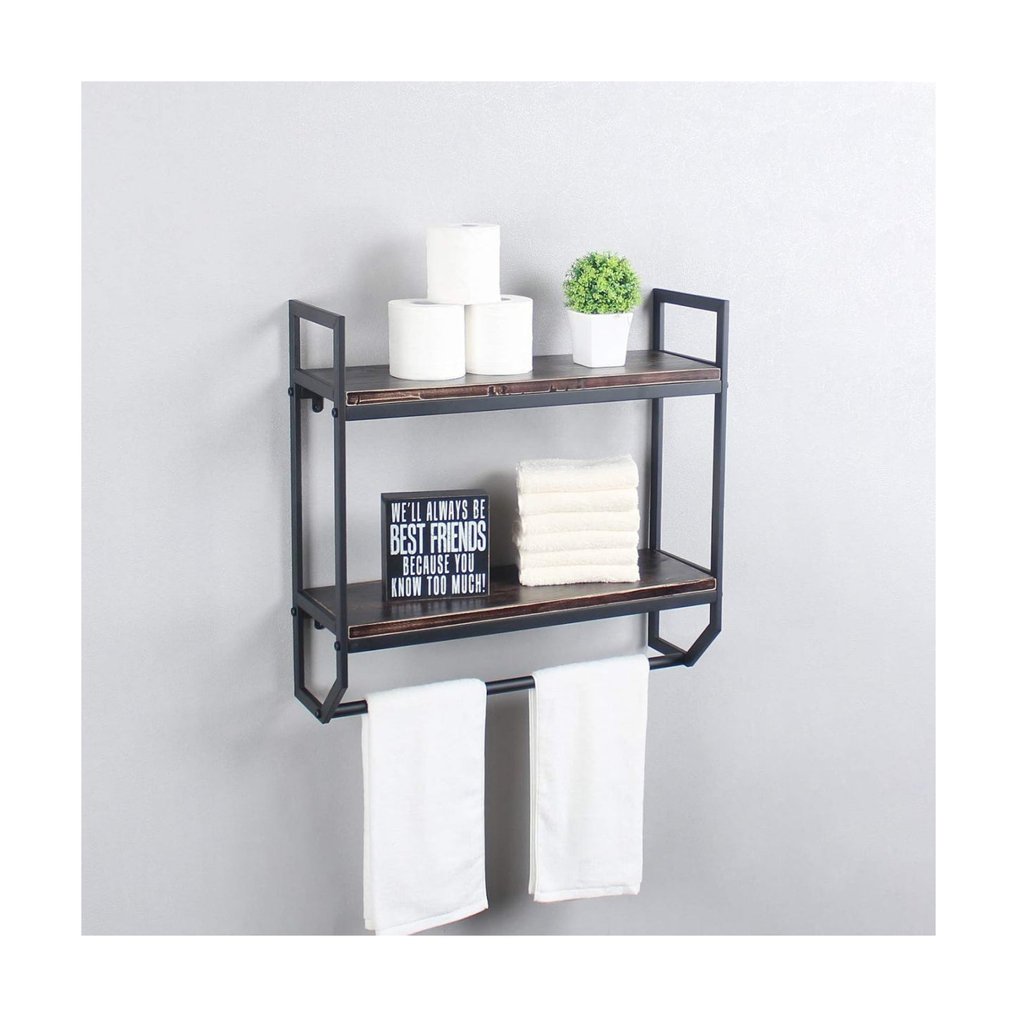 2-Tier Metal Industrial 23.6" Bathroom Shelves Wall Mounted,Rustic Wall Shelf Over Toilet,Towel Rack with Towel