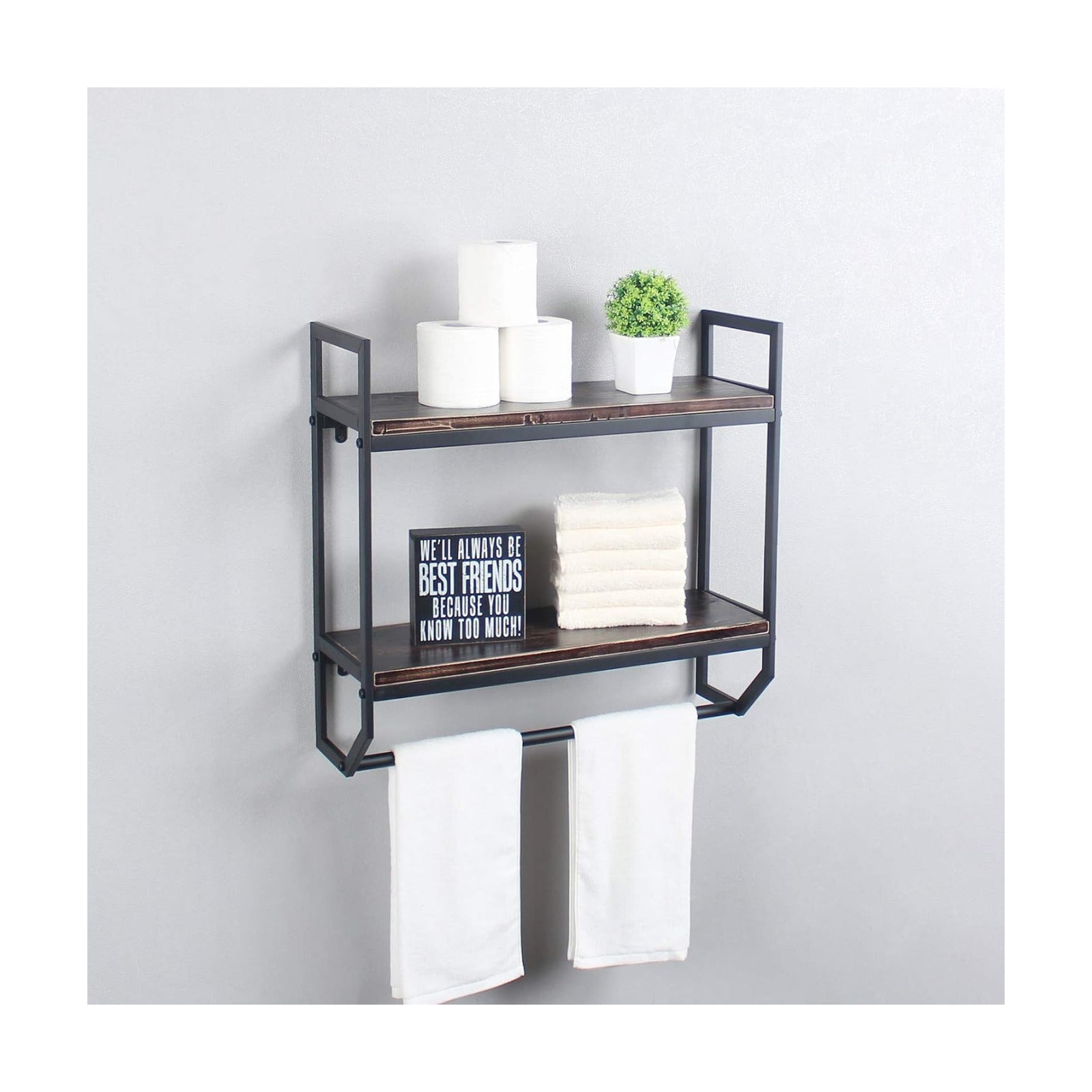 2-Tier Metal Industrial 23.6" Bathroom Shelves Wall Mounted,Rustic Wall Shelf Over Toilet,Towel Rack with Towel