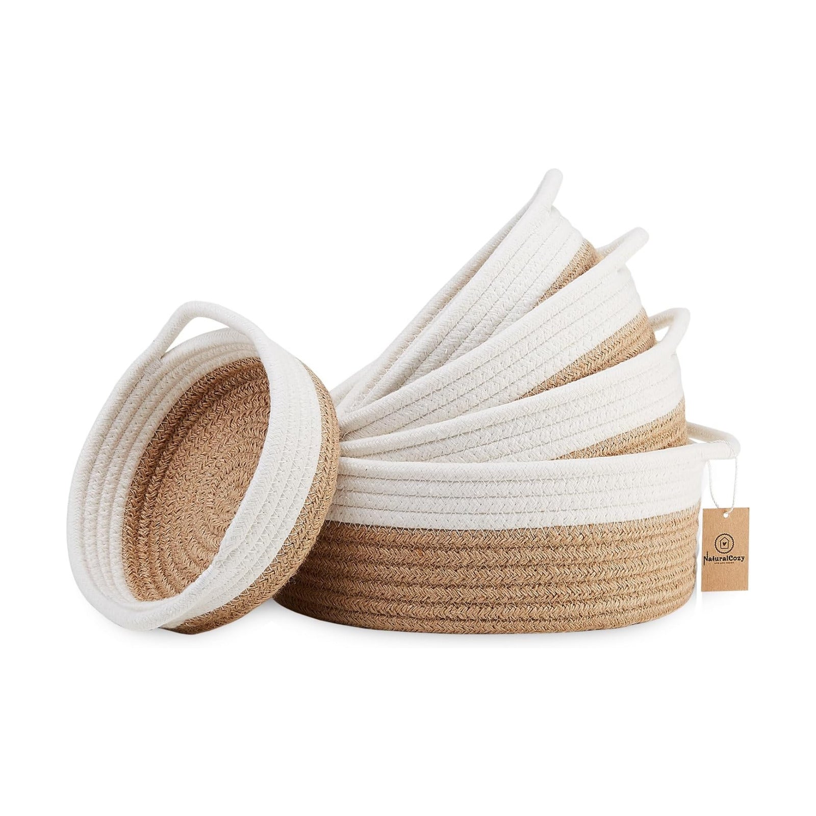 5-Piece Round Woven Cotton Rope Storage Baskets for Organizing / Off White & Jute