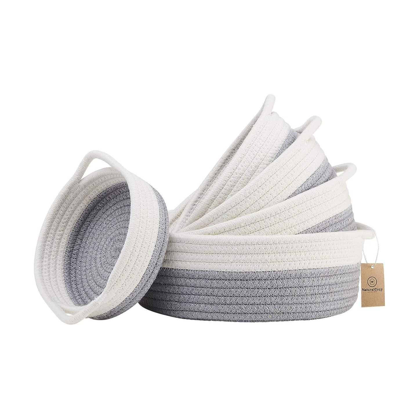 5-Piece Round Woven Cotton Rope Storage Baskets for Organizing / Off White & Gray