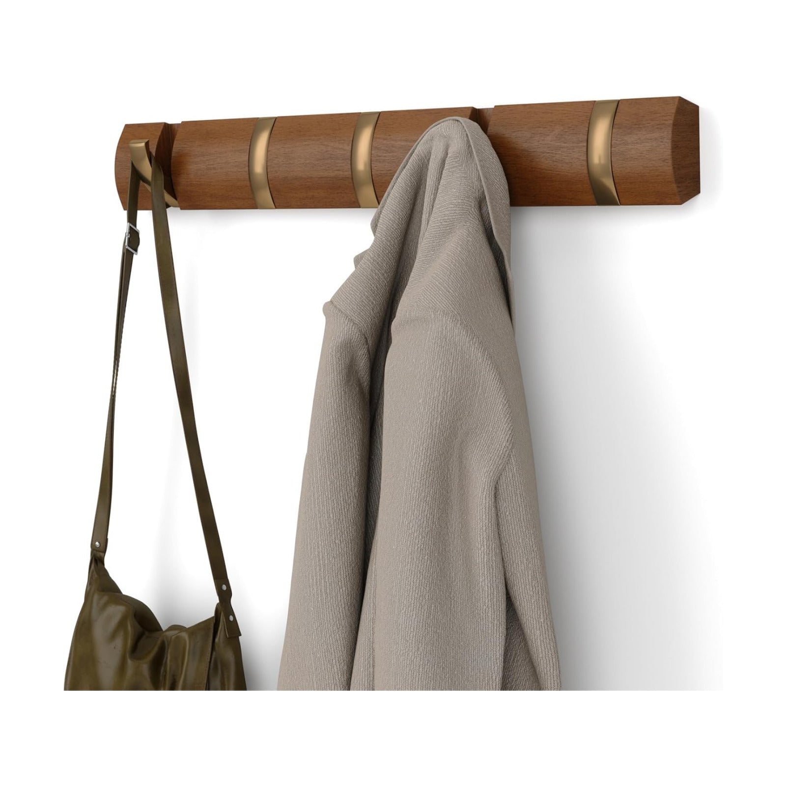 Umbra Flip Coat Rack, Wall Mounted 5-Hook Space Saving, Walnut/Gold | Real wood and steel build, retractable hooks fold