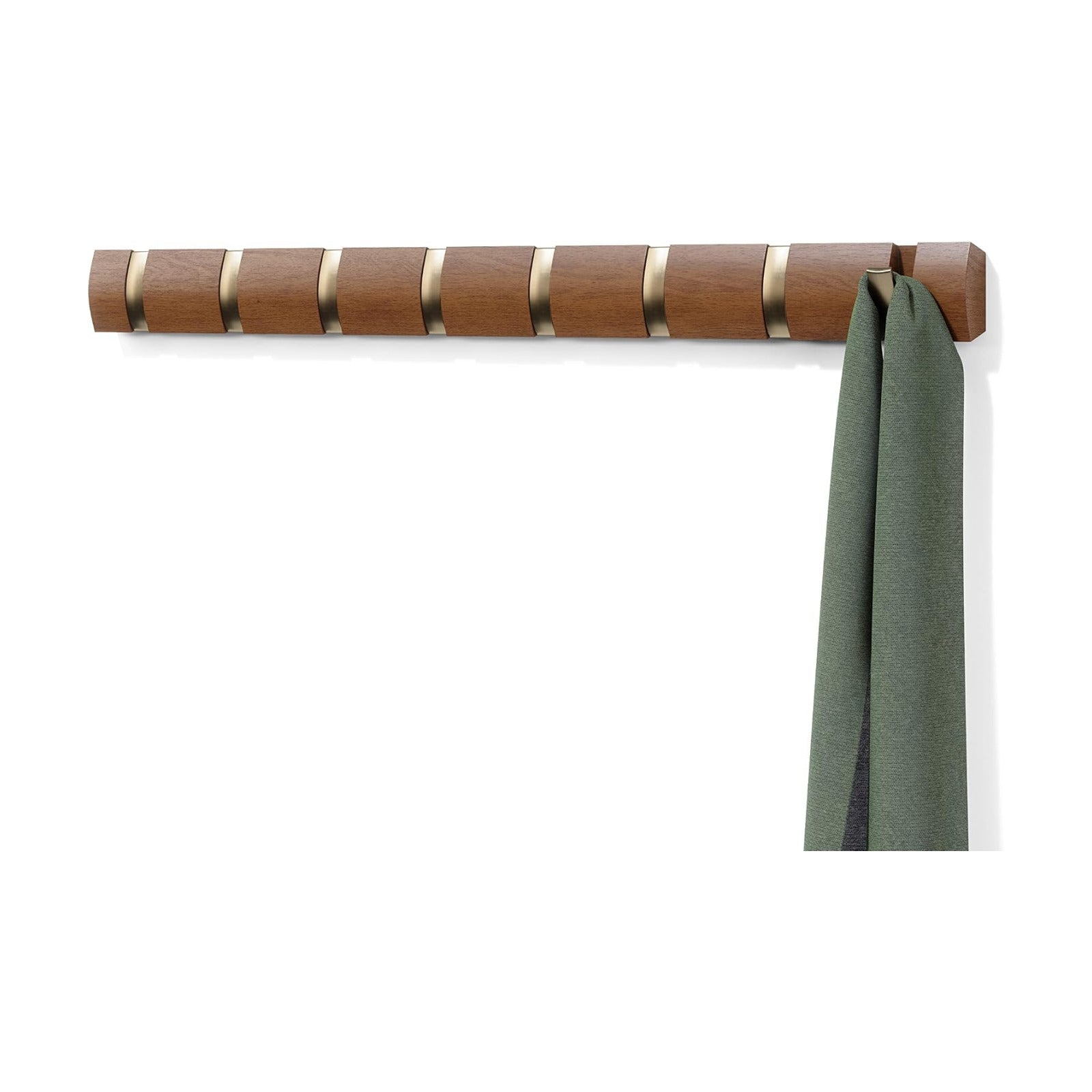 Umbra Flip Coat Rack, Wall Mount 8-Hook, Space Saving, Light Walnut/Warm Gold