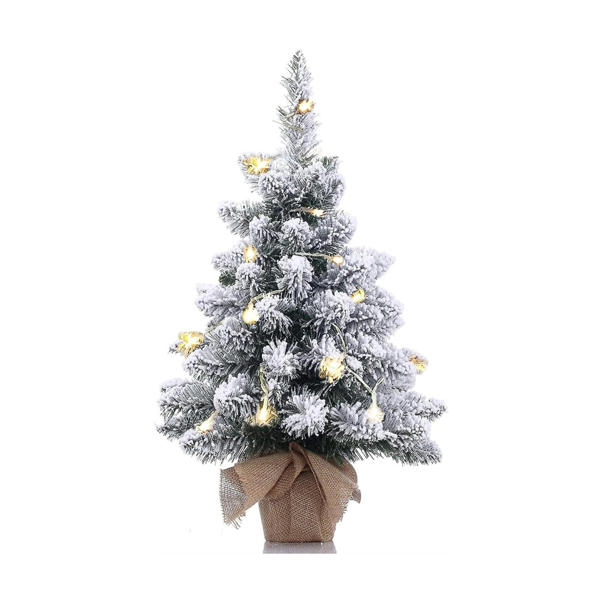 Pre-Lit Artificial Mini Christmas Tree,20 Inch Snow Flocked Small Pine Xmas Tree with 40 LED Lights,70 Branch Tips,Battery Operated Tabletop Christmas Tree Burlap Base-(50cm)