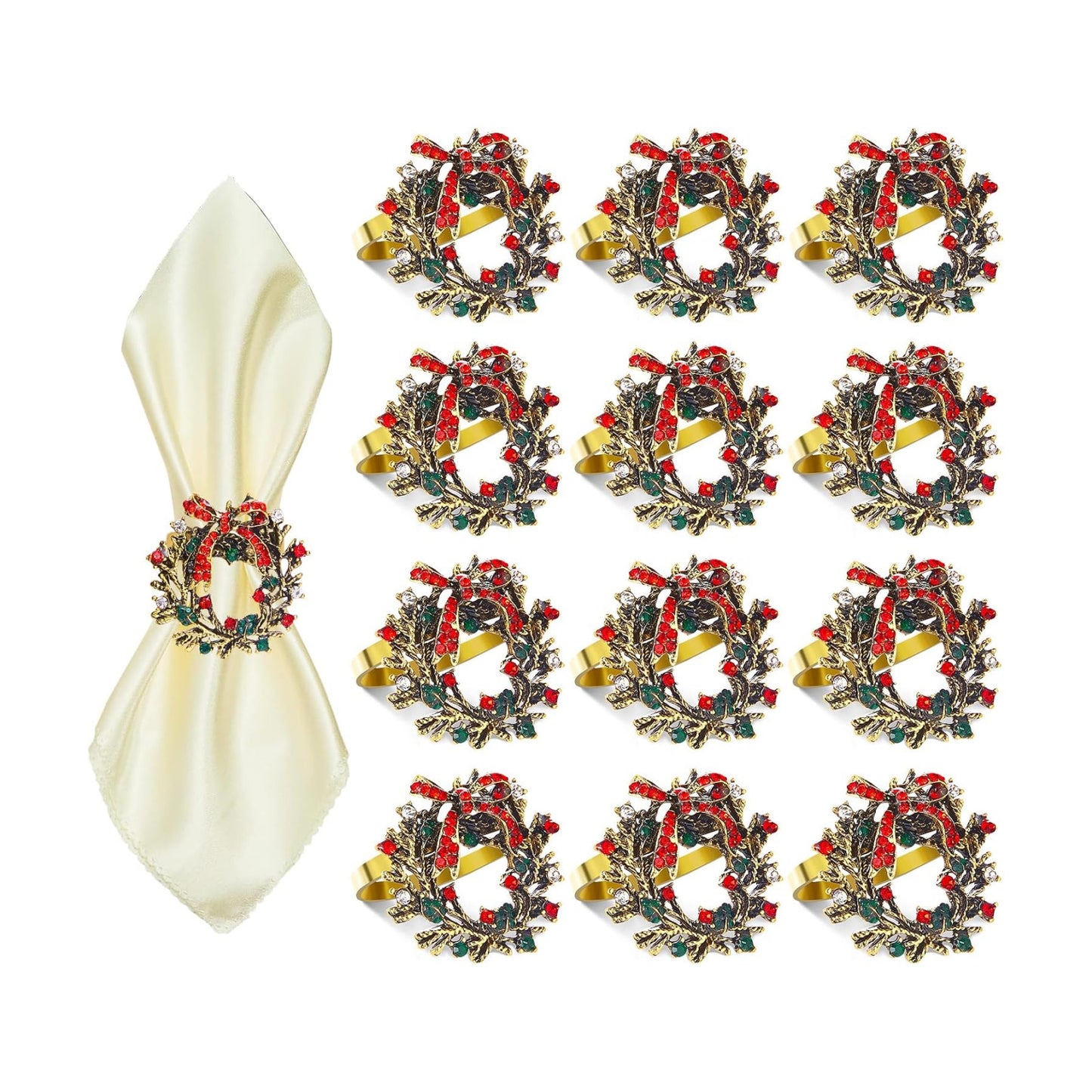 Christmas Wreath Napkin Rings Set of 12, Holiday Rhinestone Christmas Napkin Ring Holders for Cloth Napkins, Napkin