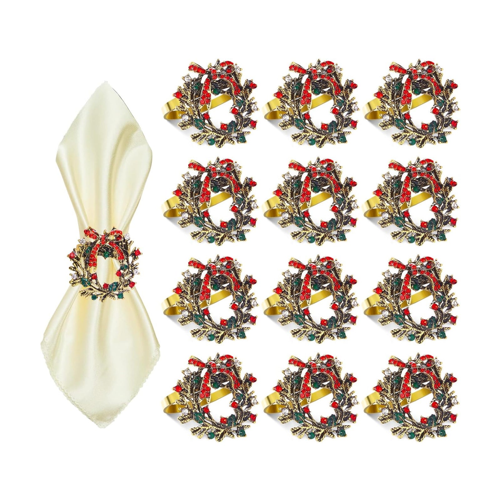 Christmas Wreath Napkin Rings Set of 12, Holiday Rhinestone Christmas Napkin Ring Holders for Cloth Napkins, Napkin
