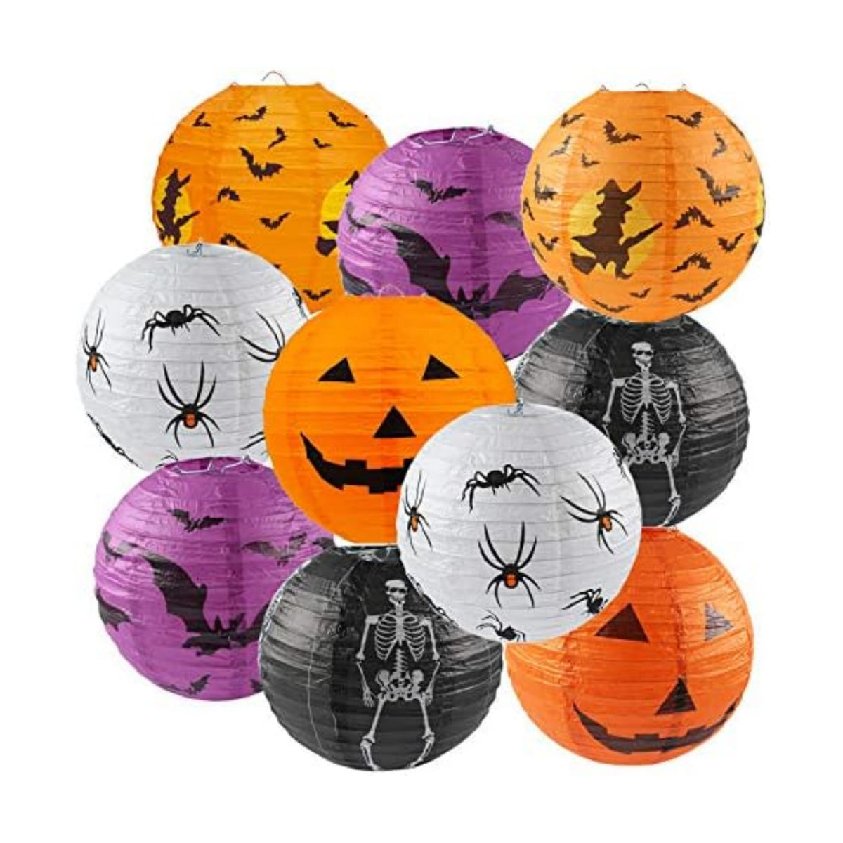 10PCS Halloween Paper Lanterns, Hanging Jack-O'-Lantern Spider Skeleton Pumpkin for Halloween Party Decor, Indoor & Outdoor Spooky Home Decor - 10 Inches