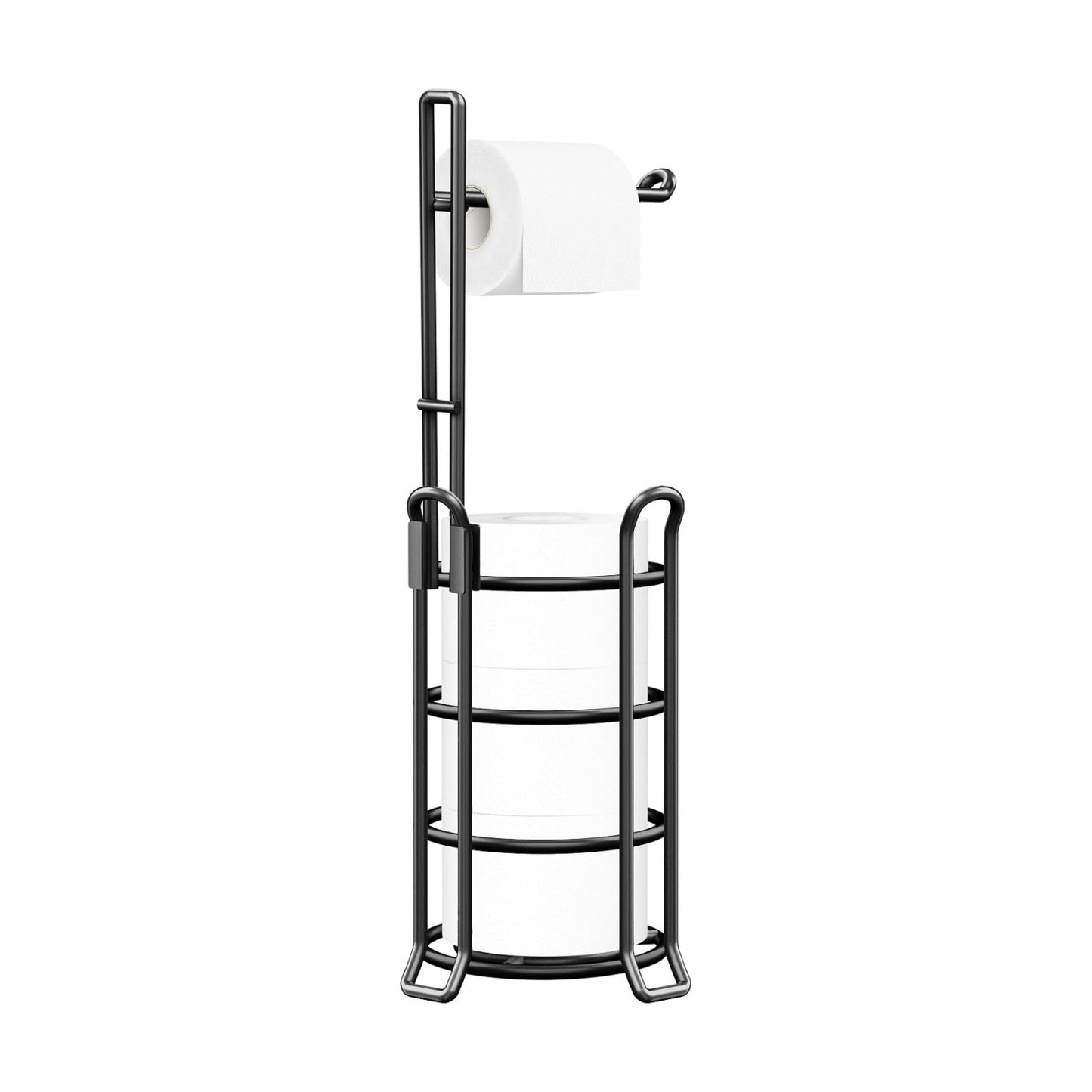 TomCare Toilet Paper Holder Stand Free Standing, Holds 4 Mega Rolls, Black | Tool-Free Assembly, Detachable Metal Wire