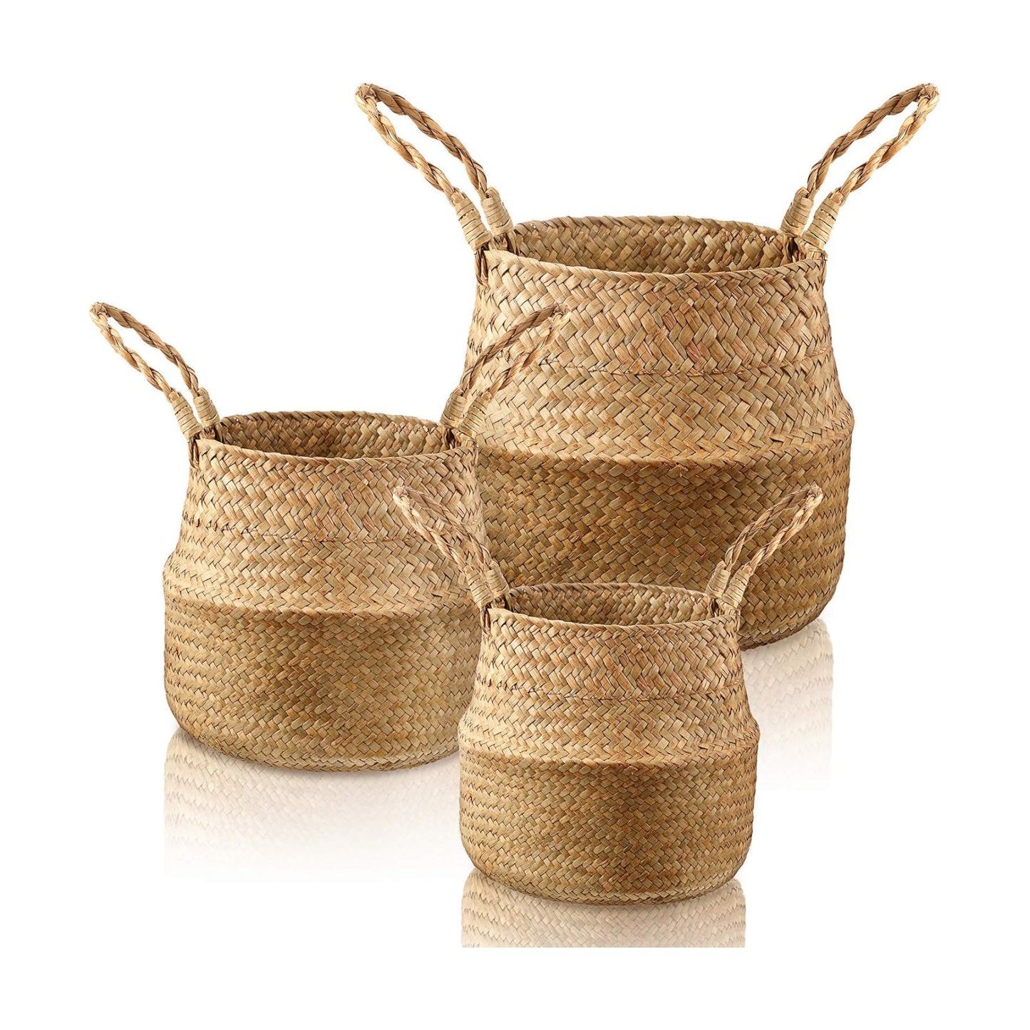 Seagrass Belly Storage Basket Woven Plant Pot Holder / Natural Color / Set of 3