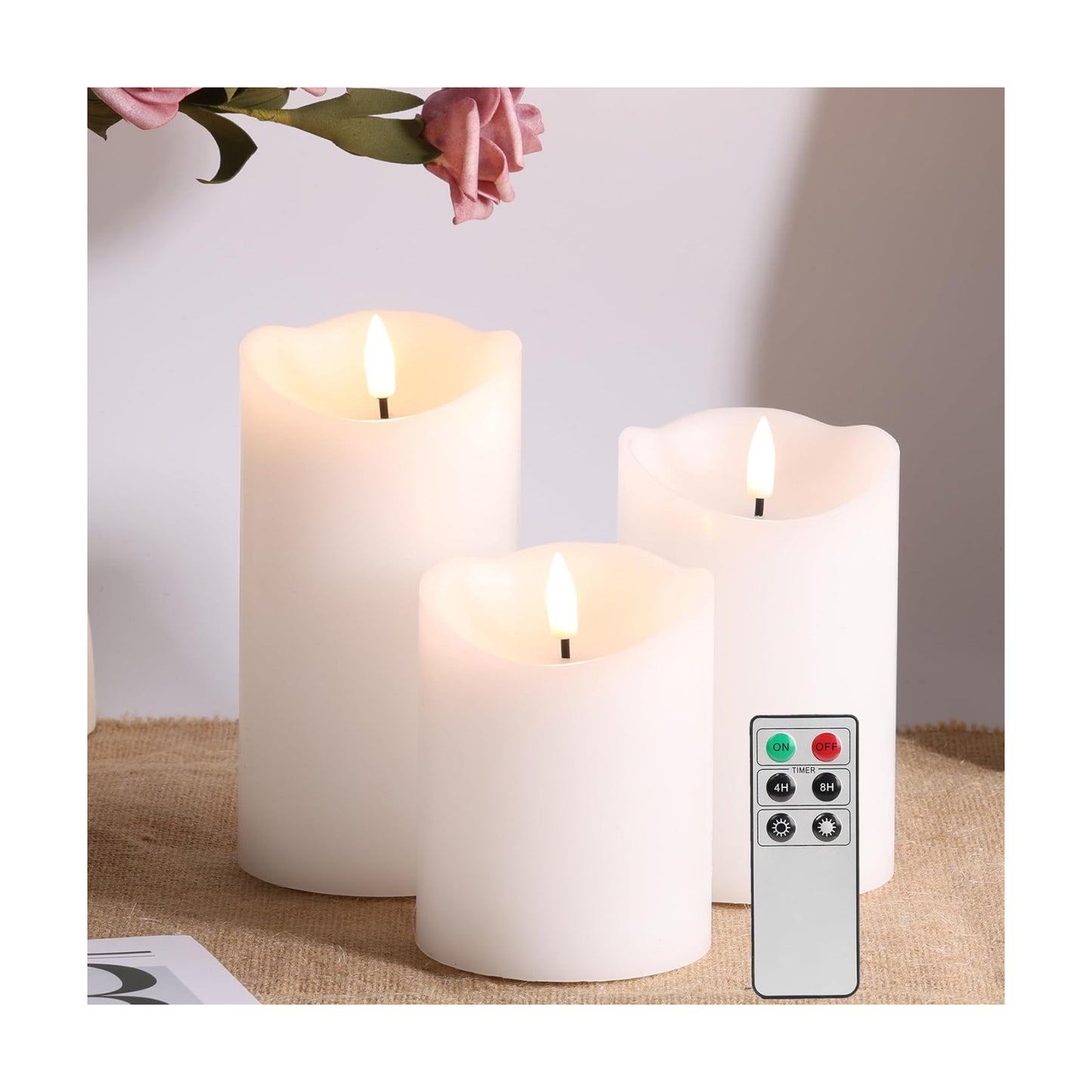 White Flameless Pillar Candles with Remote Set of 3 | Flickering LED Wax Candles, 2 AA Battery Powered, Melted Edge