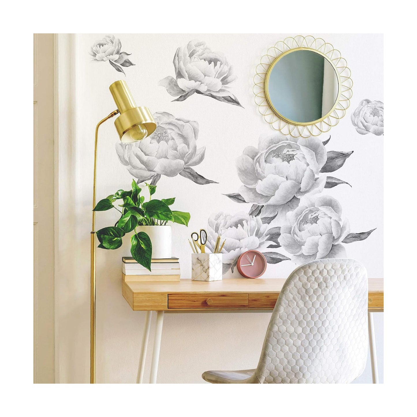 RMK4413GM and White Peonies Giant Floral Peel and Stick Wall Decals / Black