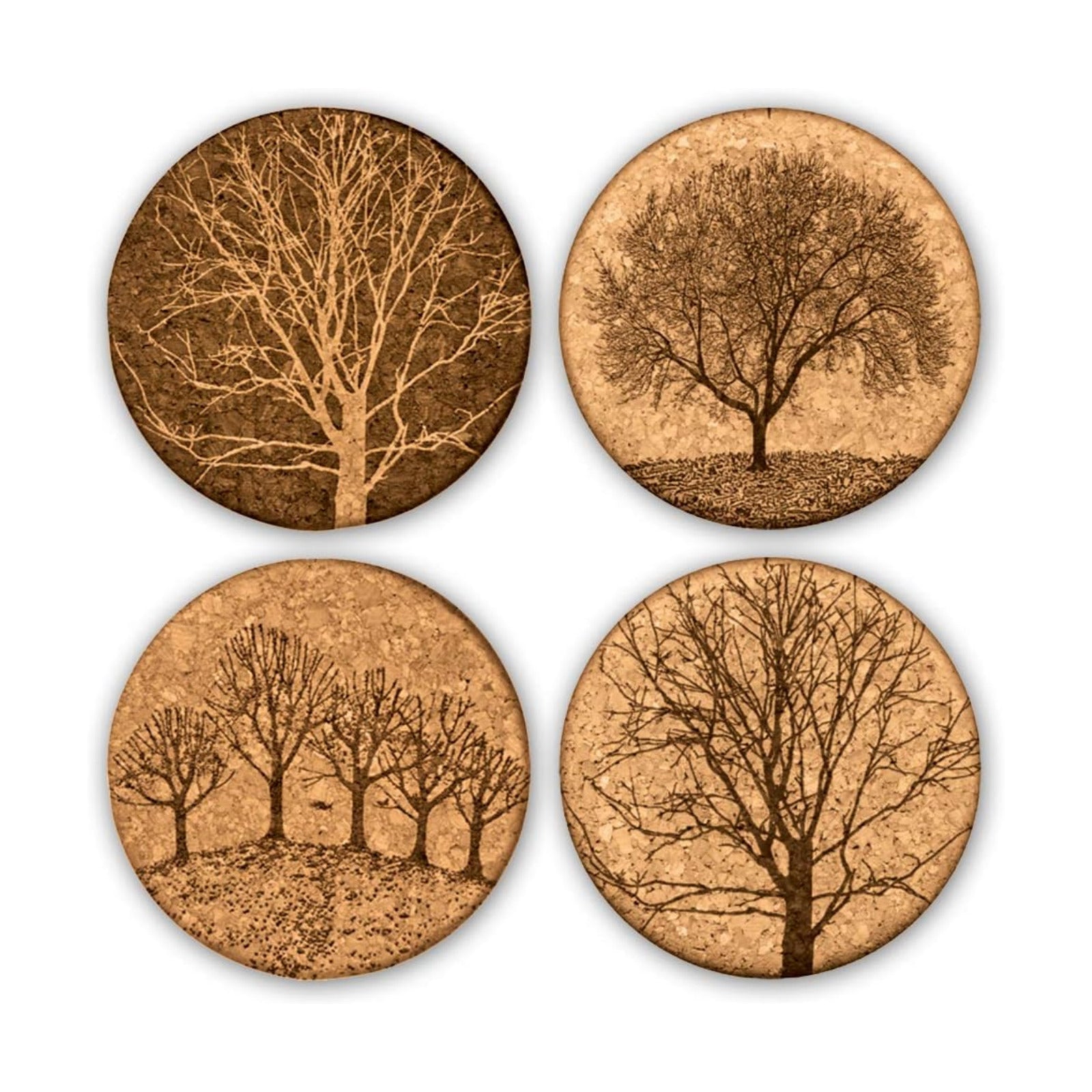 Dual Layer Won’t / Cork Coasters / Trees Art / Natural / Set of 4