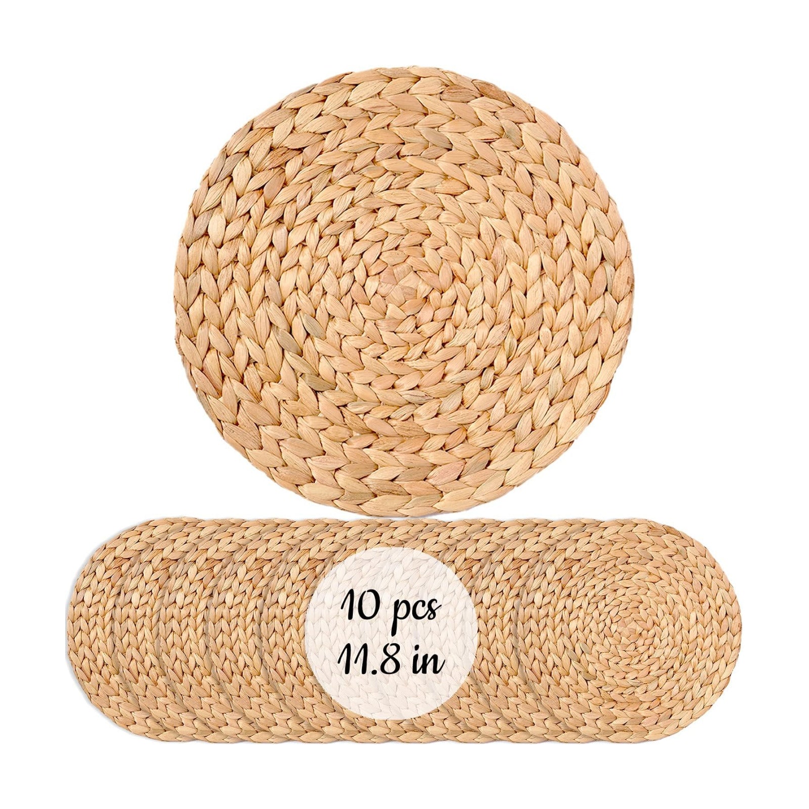 Round Woven Placemats Set of 10, Water Hyacinth Rattan Placemats 11.8 in, Small Charger Plates for Salad & Dessert