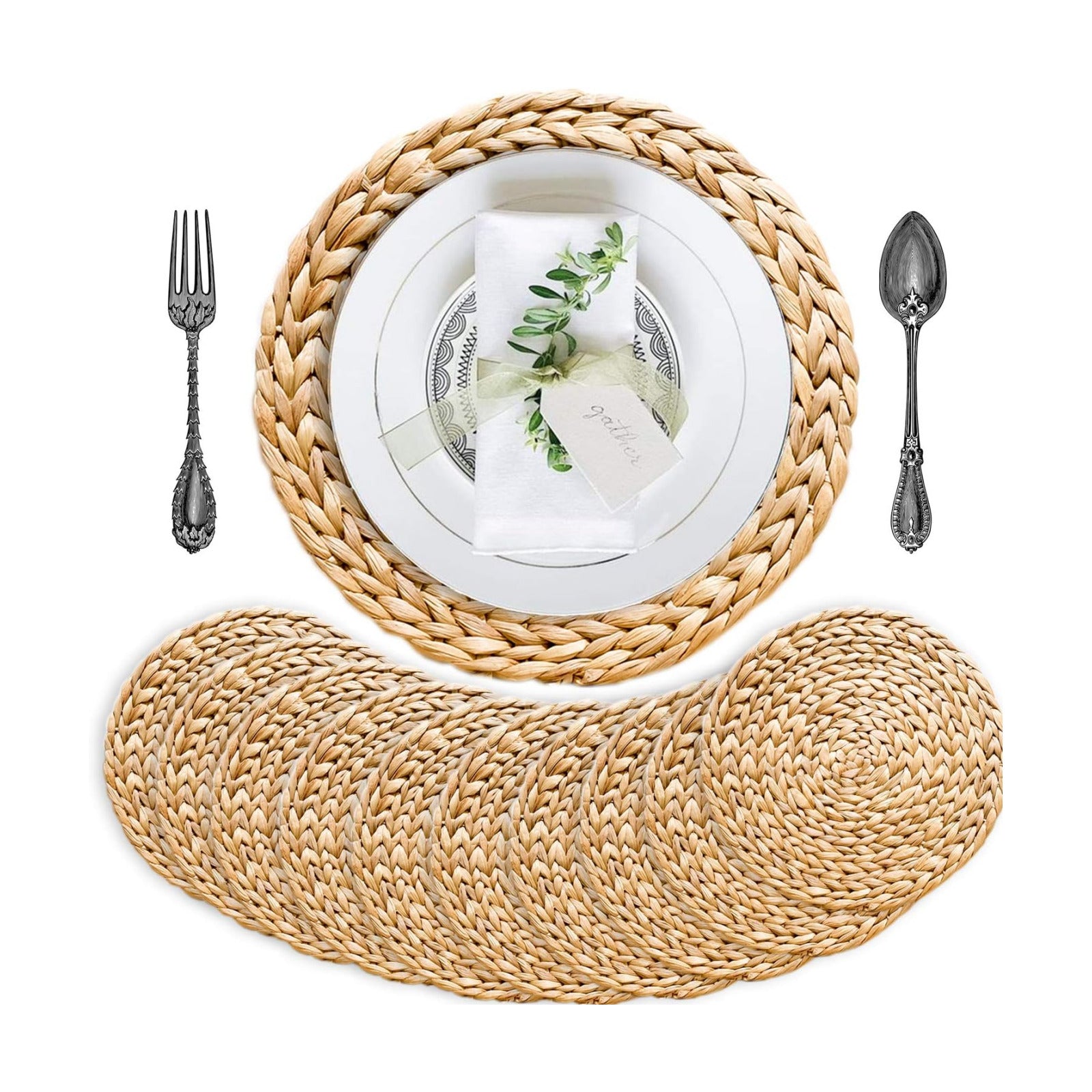 Round Woven Placemats Set of 10, Water Hyacinth Rattan Placemats for Outdoor Patio Dining, Heat Resistant Charger