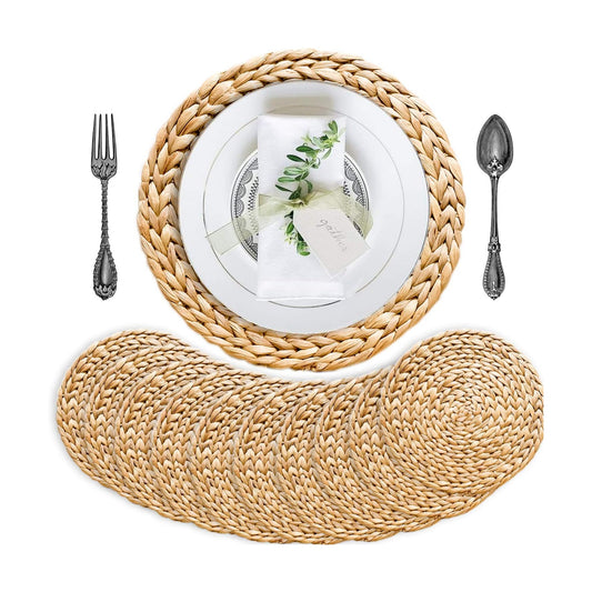 Round Woven Placemats Set of 10, Water Hyacinth Rattan Placemats for Outdoor Patio Dining, Heat Resistant Charger