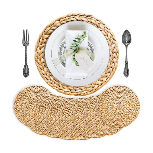 Round Woven Placemats Set of 8, Water Hyacinth Rattan Placemats 11.8 in, Small Charger Plates for Salad & Dessert