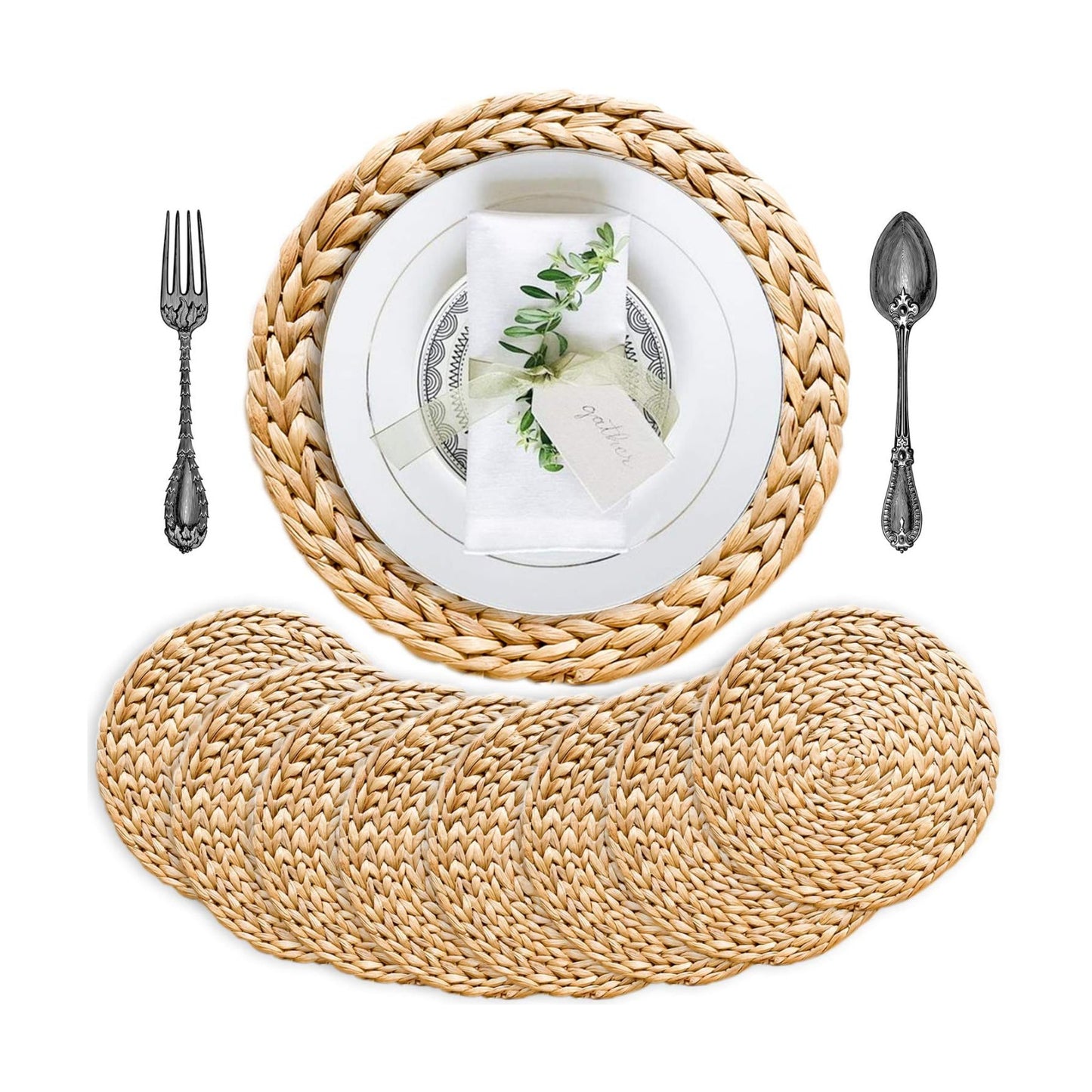 Round Woven Placemats Set of 8, Water Hyacinth Rattan Placemats for Outdoor Patio Dining, Heat Resistant Charger Plates