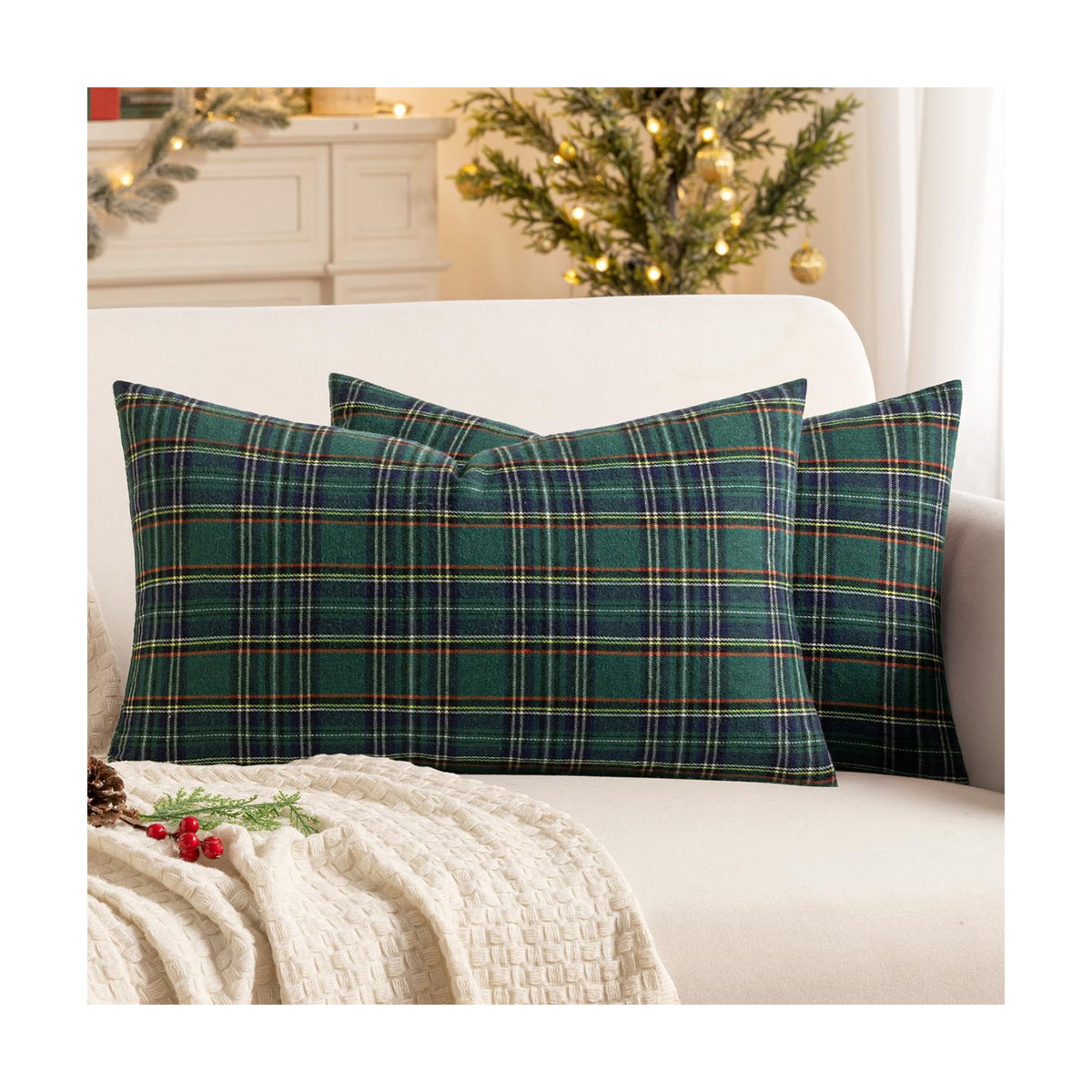 MIULEE Christmas Plaid Pillow Covers Scottish Tartan 12x20 Green