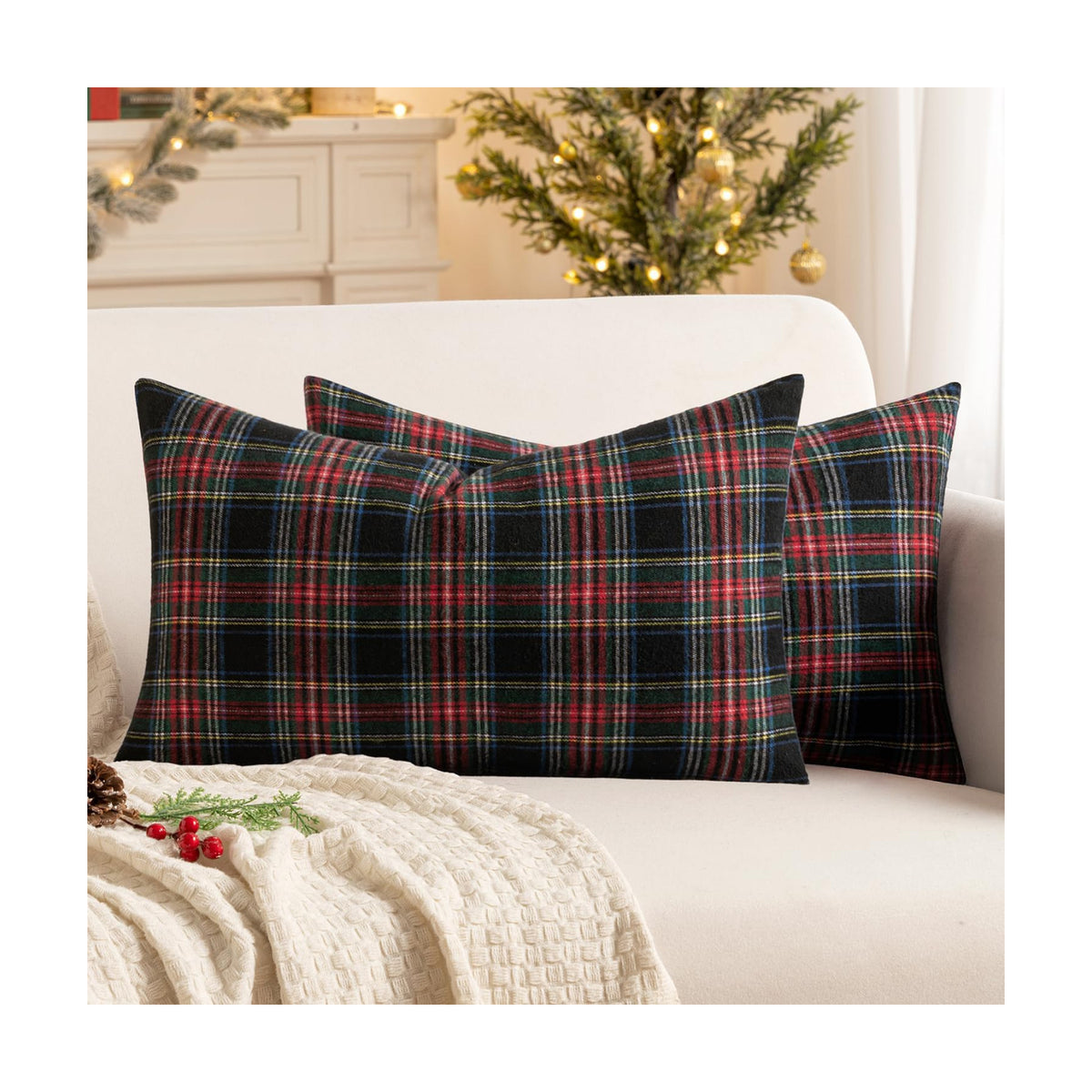 MIULEE Christmas Plaid Pillow Covers Scottish Tartan 12x20 Dark Blue