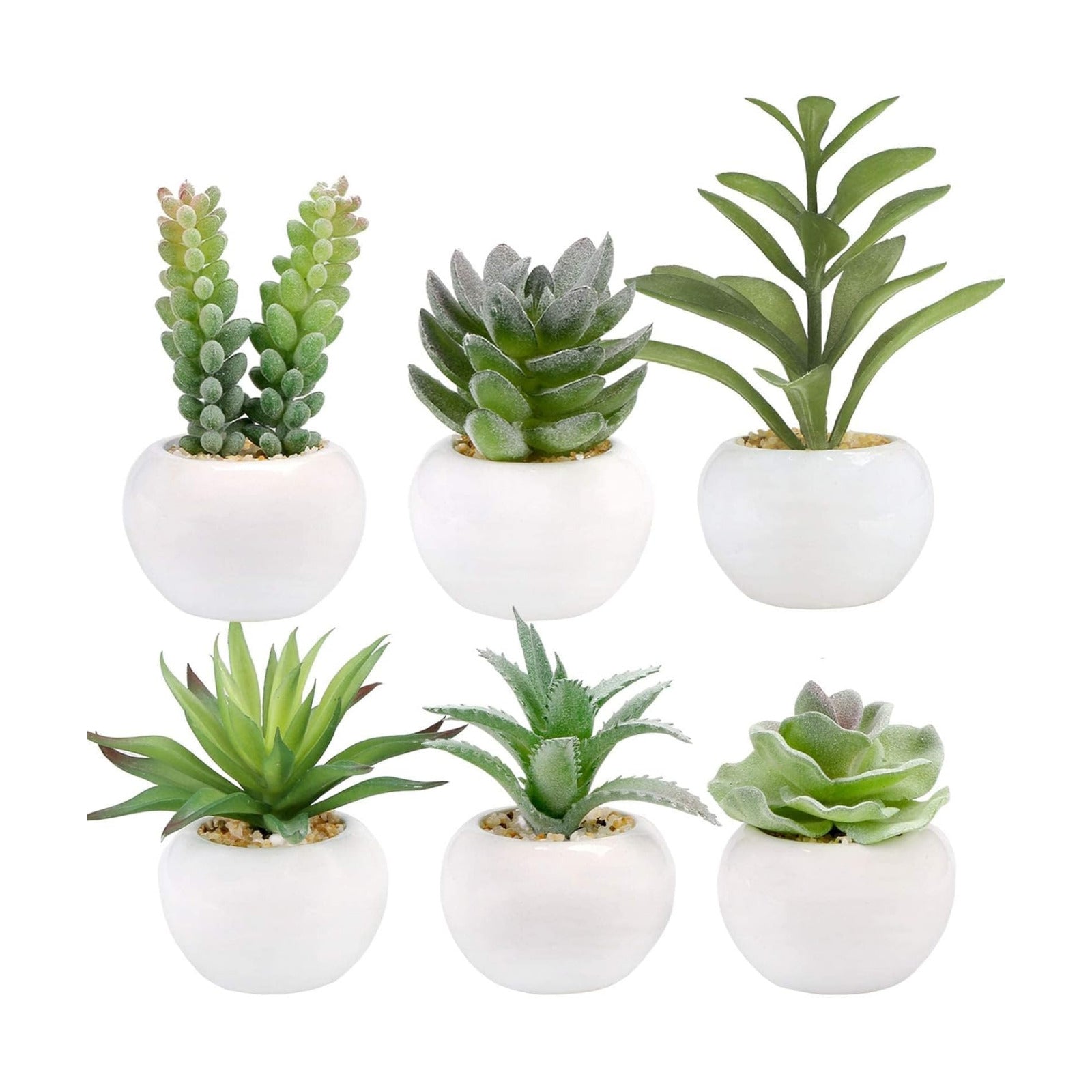 Mini Artificial Succulents Plants in Ceramic Pots Small Fake / Green-ceramic White Pot / Set of 6