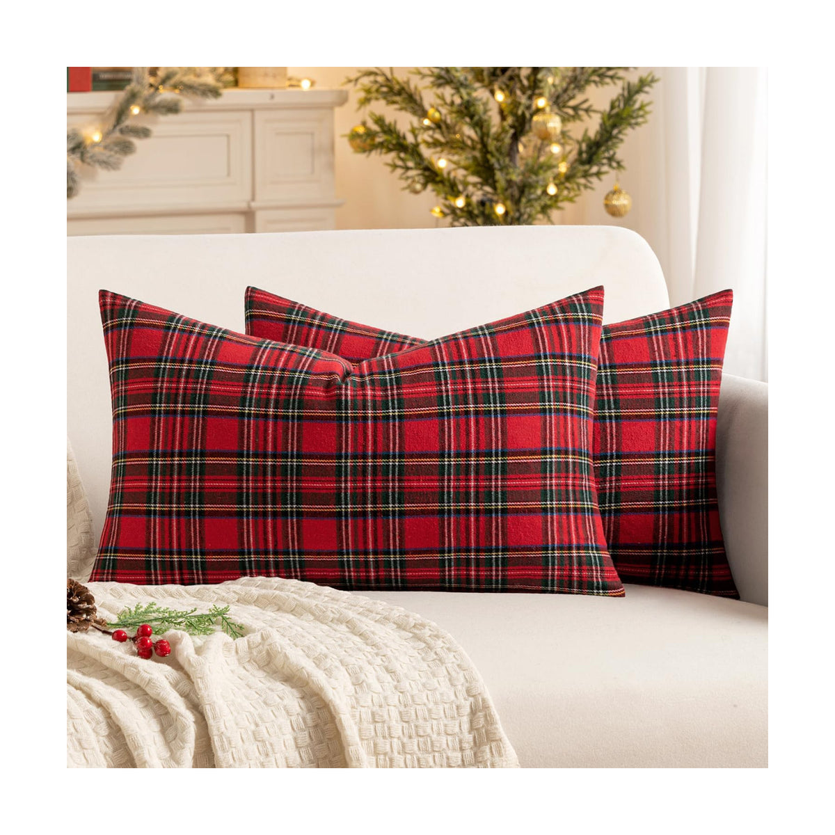 MIULEE Christmas Plaid Pillow Covers Scottish Tartan 12x20 Red