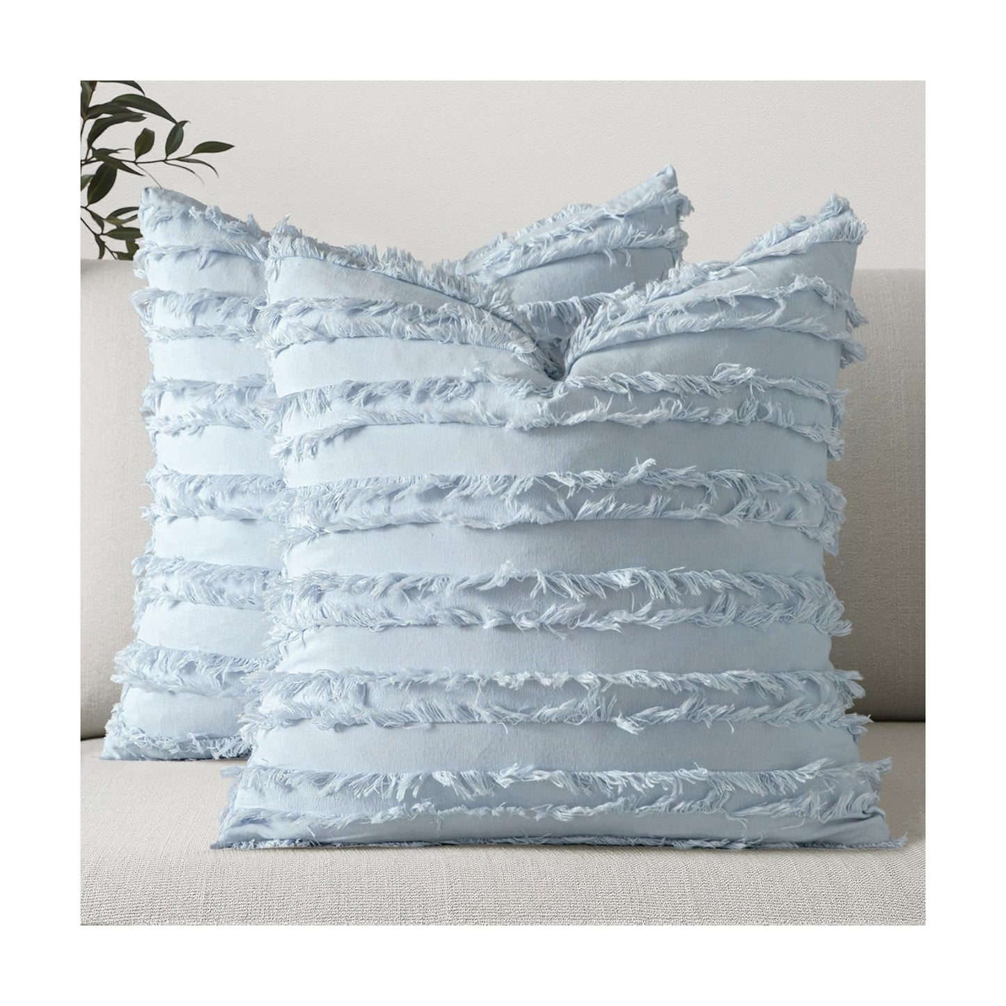 Decorative Boho Throw Pillow Covers Linen Striped Jacquard Pattern / 18 x 18 / Light Blue / Set of 2
